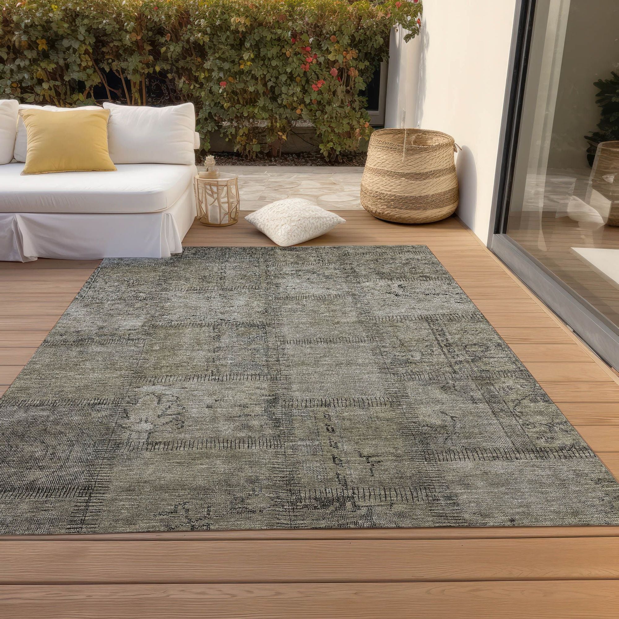 Machine Washable Taupe Brown Rug - Indoor / Outdoor - Kids / Pet Friendly Patchwork Print Rug