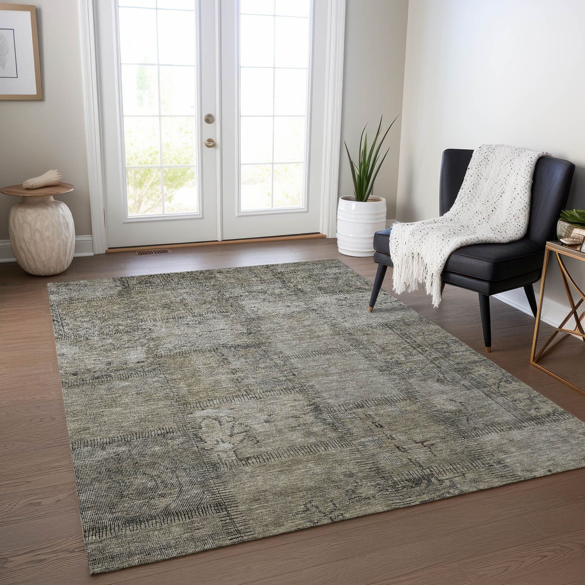 Machine Washable Taupe Brown Rug - Indoor / Outdoor - Kids / Pet Friendly Patchwork Print Rug