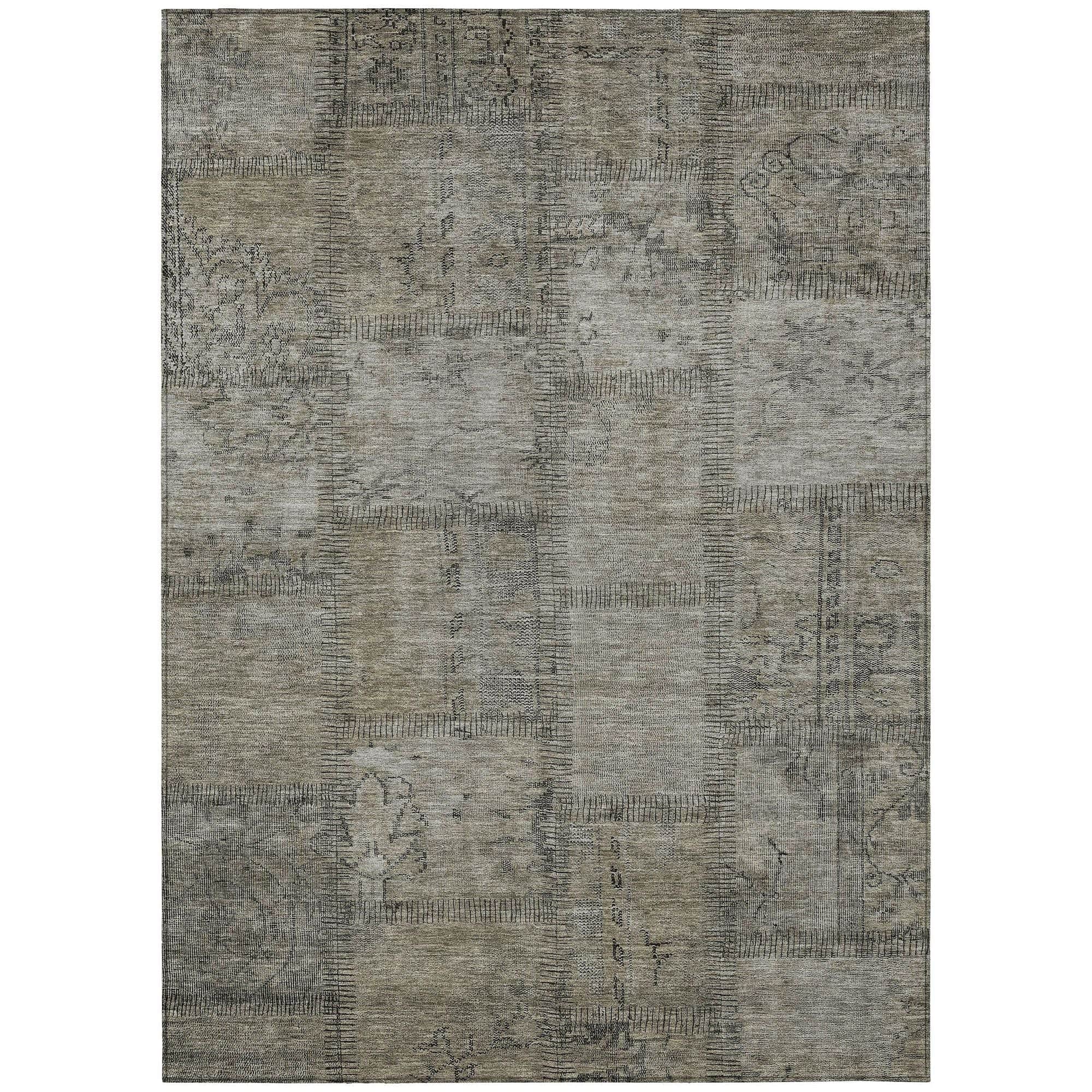 Machine Washable Taupe Brown Rug - Indoor / Outdoor - Kids / Pet Friendly Patchwork Print Rug