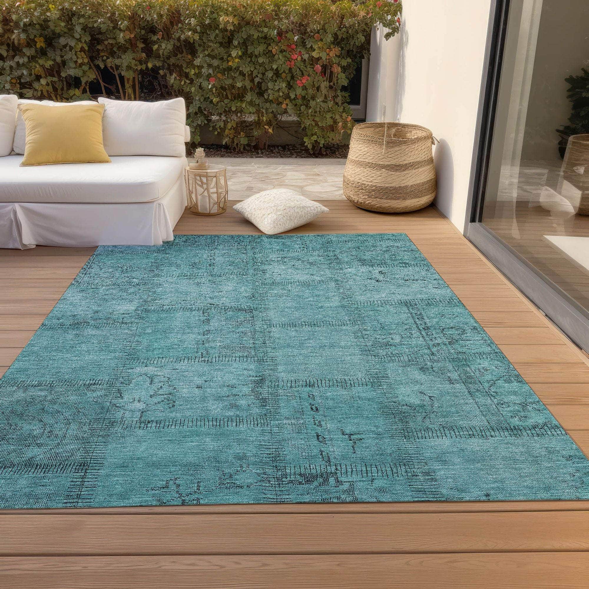Machine Washable Teal Rug - Indoor / Outdoor - Kids / Pet Friendly Patchwork Print Rug
