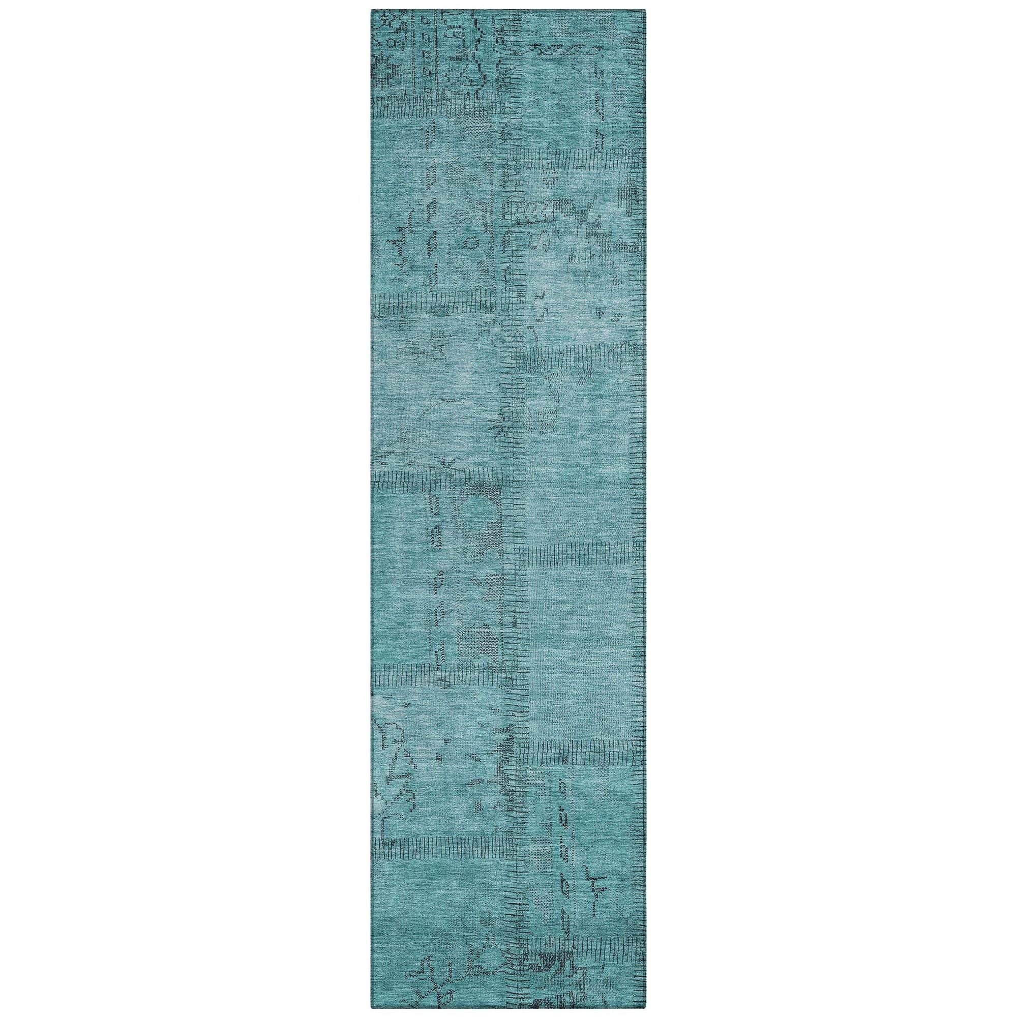 Machine Washable Teal Rug - Indoor / Outdoor - Kids / Pet Friendly Patchwork Print Rug