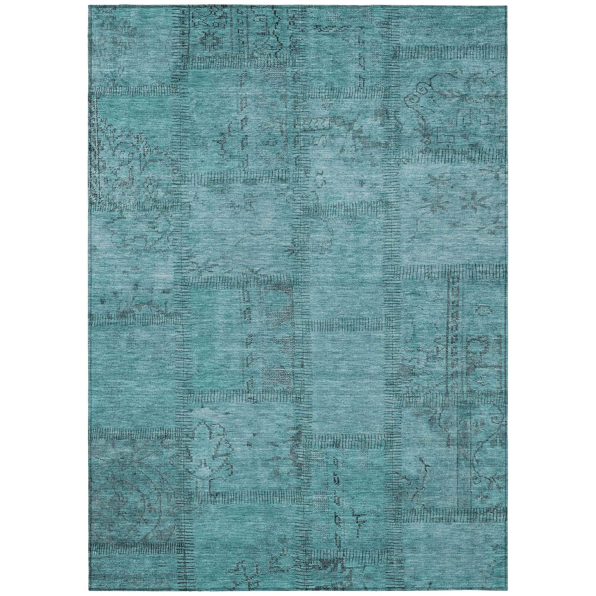 Machine Washable Teal Rug - Indoor / Outdoor - Kids / Pet Friendly Patchwork Print Rug