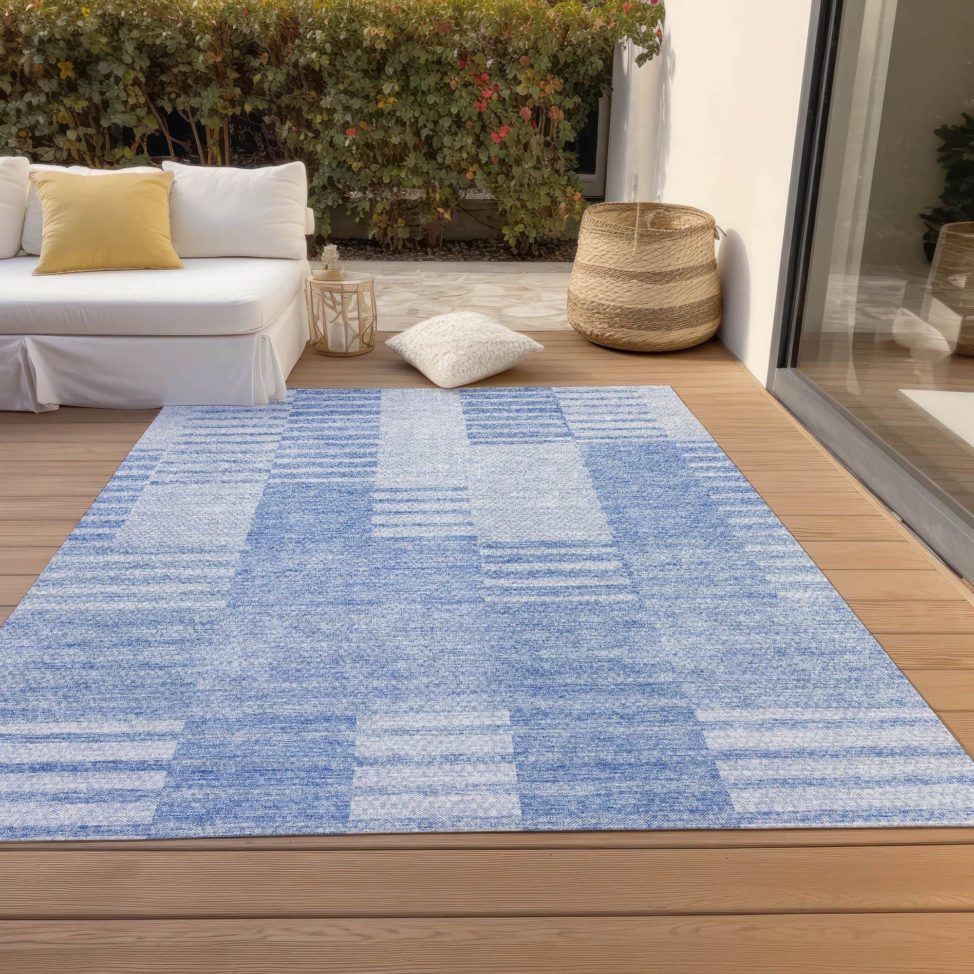 Machine Washable Blue Rug - Indoor / Outdoor - Kids / Pet Friendly Striped Print Rug