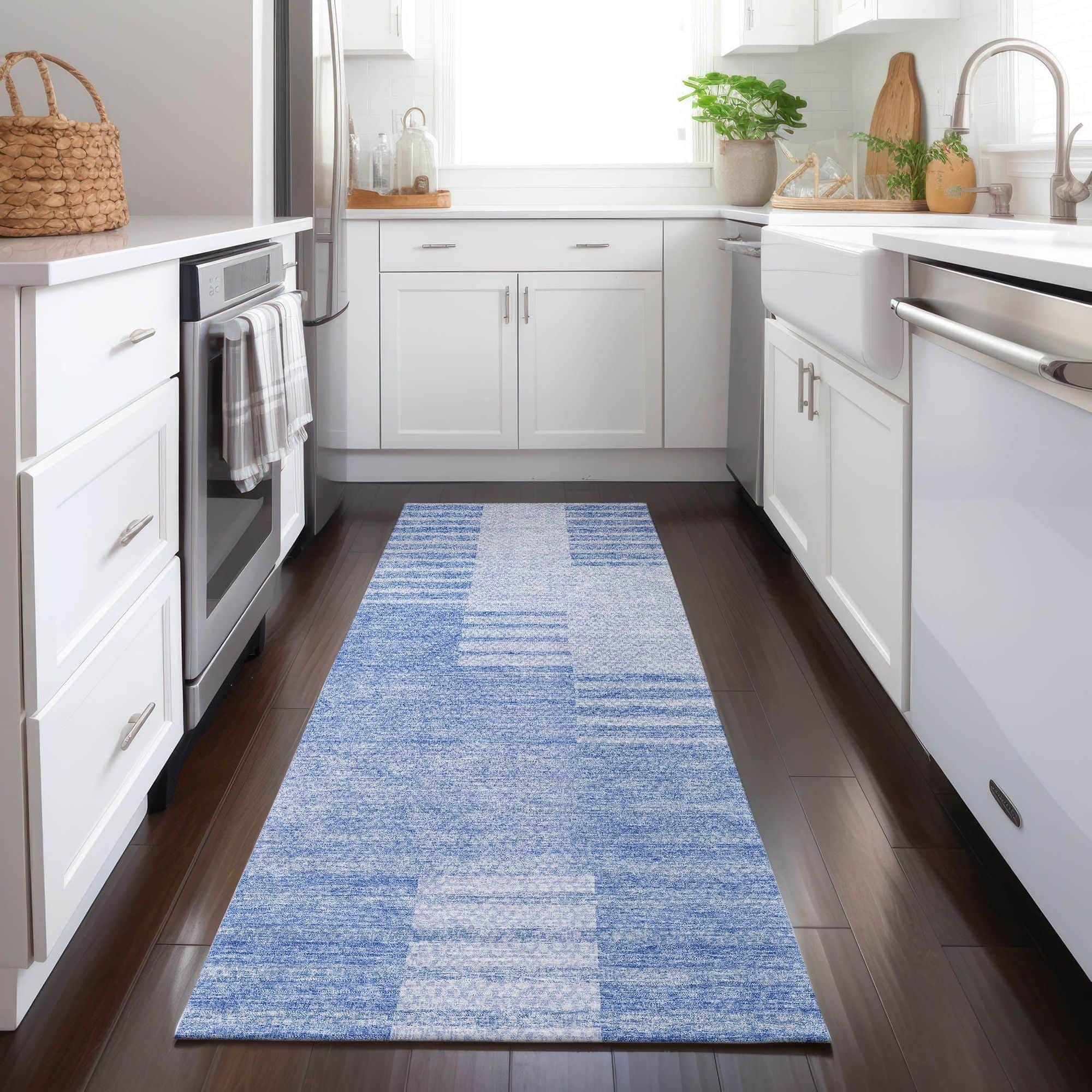 Machine Washable Blue Rug - Indoor / Outdoor - Kids / Pet Friendly Striped Print Rug