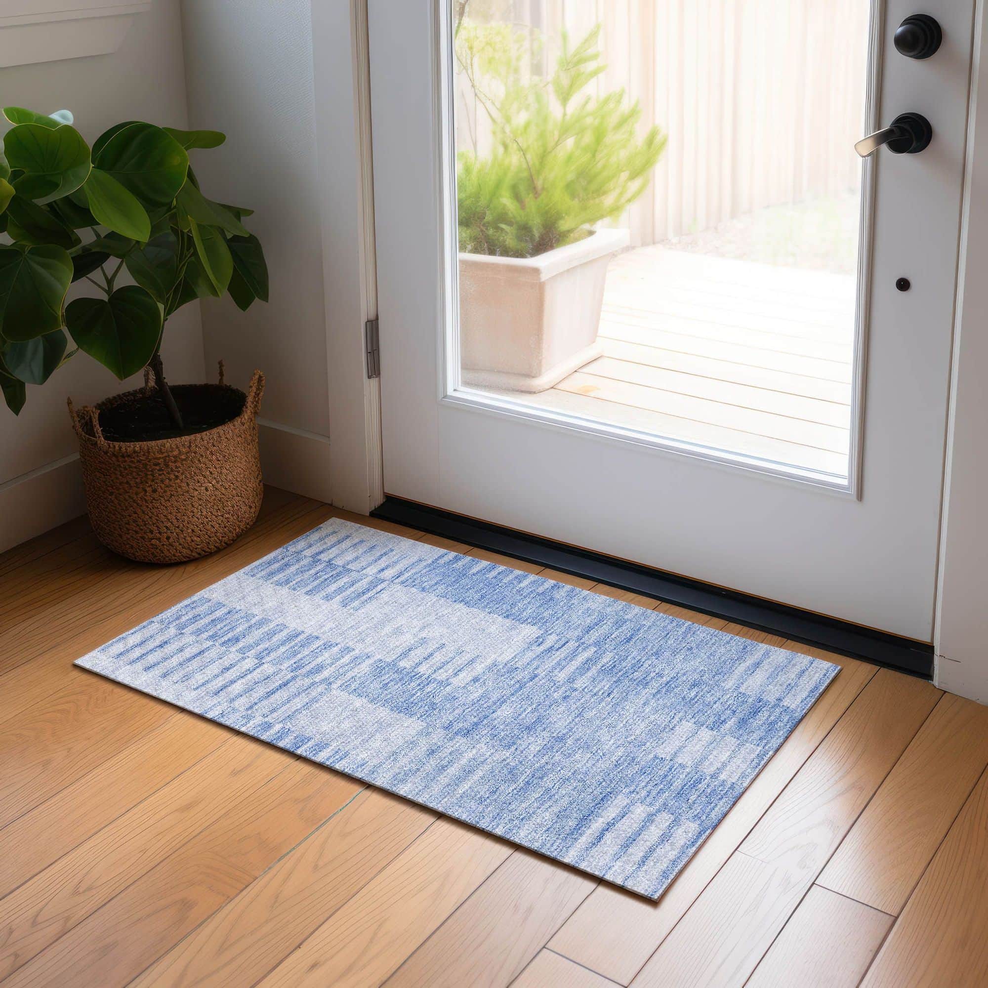 Machine Washable Blue Rug - Indoor / Outdoor - Kids / Pet Friendly Striped Print Rug