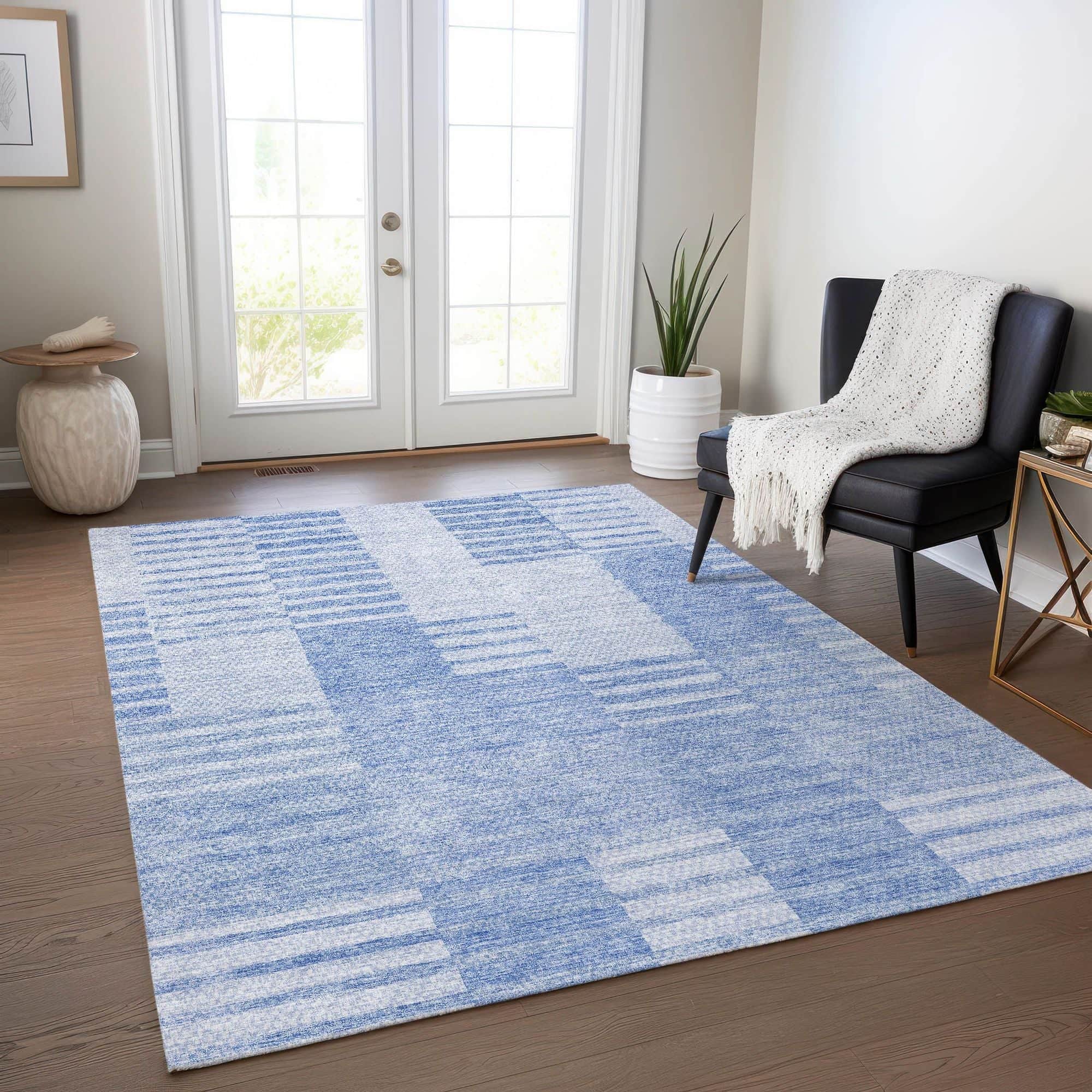 Machine Washable Blue Rug - Indoor / Outdoor - Kids / Pet Friendly Striped Print Rug