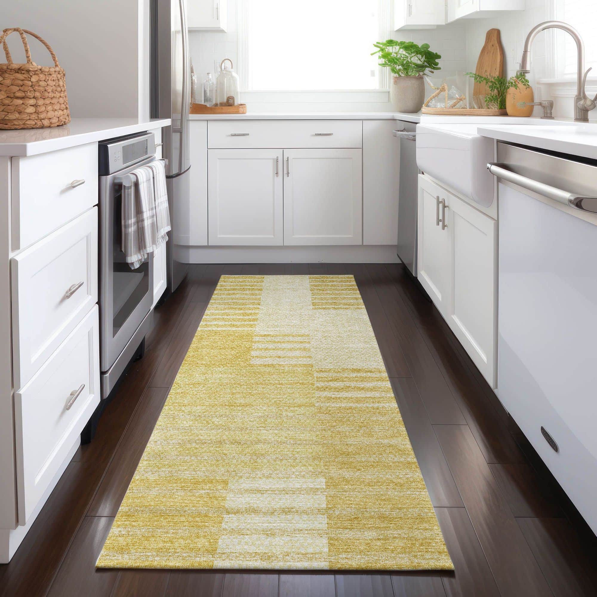 Machine Washable Honey Gold Rug - Indoor / Outdoor - Kids / Pet Friendly Striped Print Rug