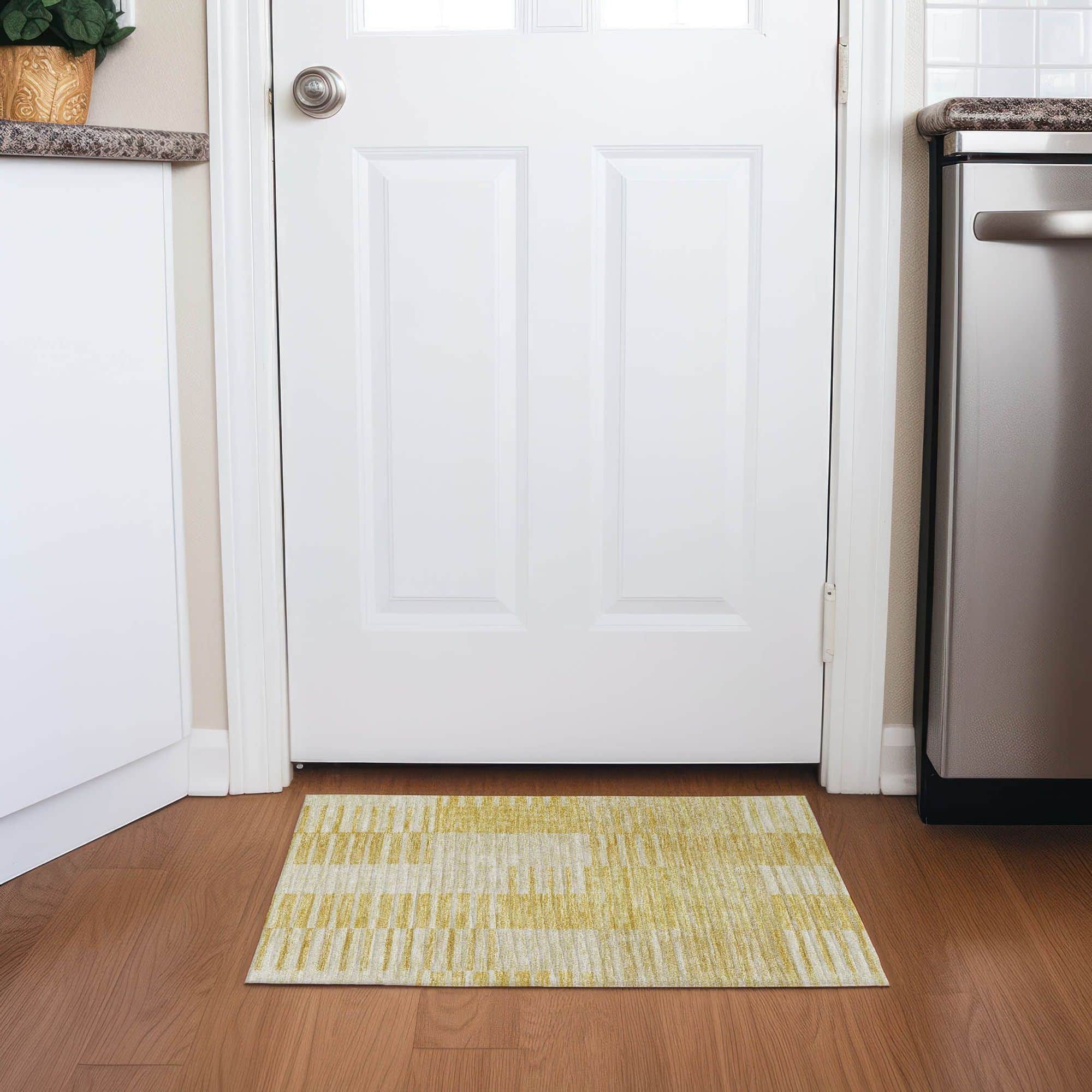 Machine Washable Honey Gold Rug - Indoor / Outdoor - Kids / Pet Friendly Striped Print Rug