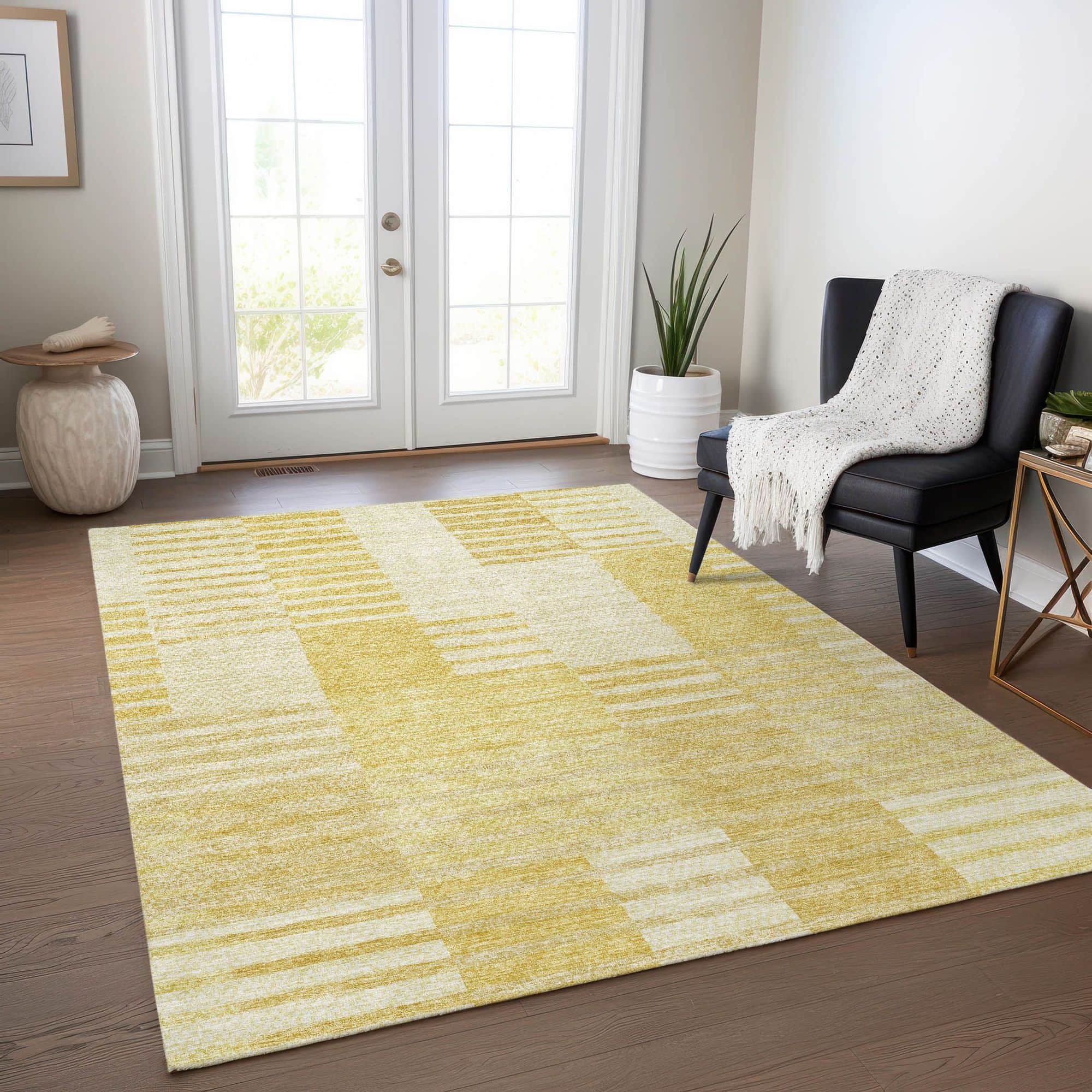 Machine Washable Honey Gold Rug - Indoor / Outdoor - Kids / Pet Friendly Striped Print Rug