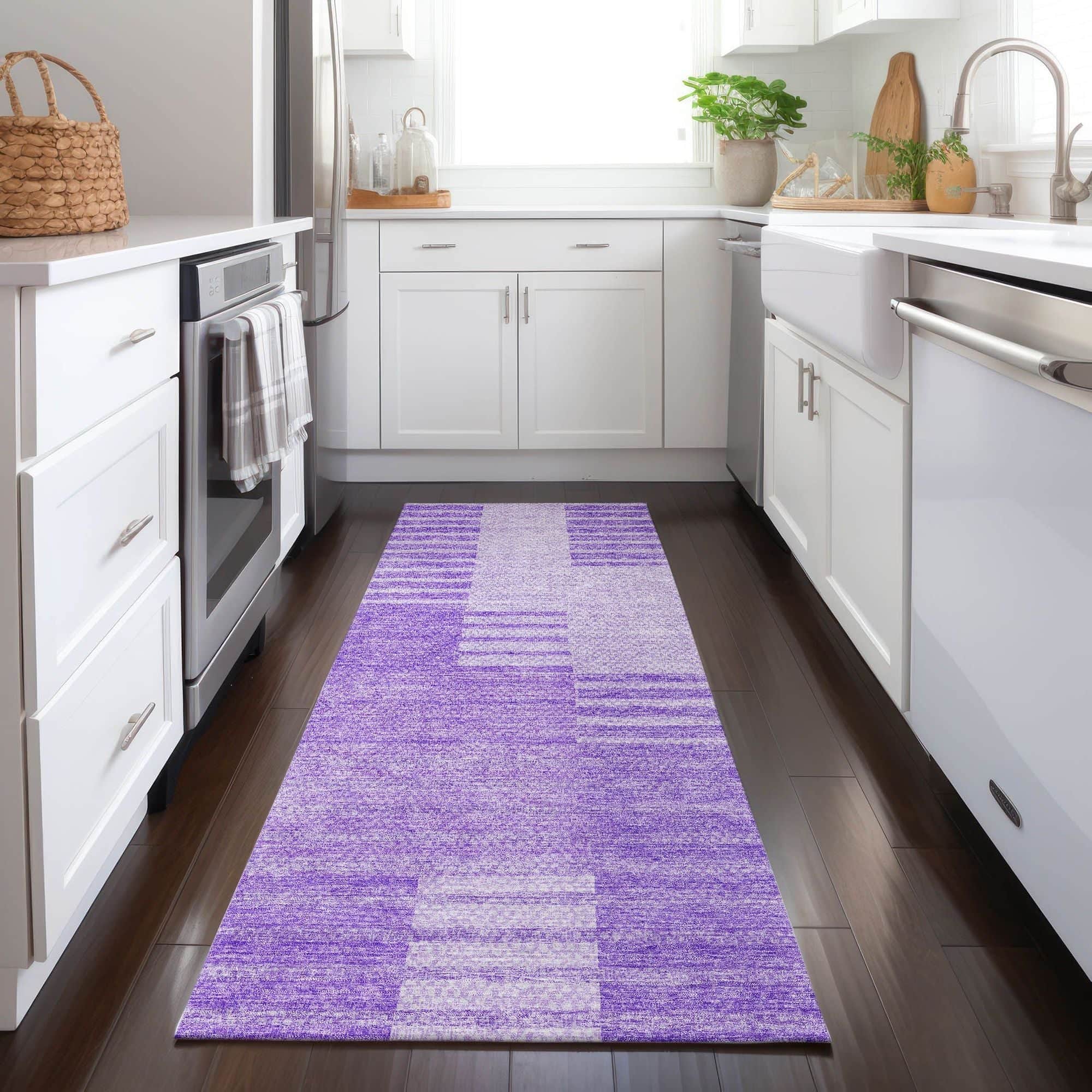 Machine Washable Lavender Purple Rug - Indoor / Outdoor - Kids / Pet Friendly Striped Print Rug
