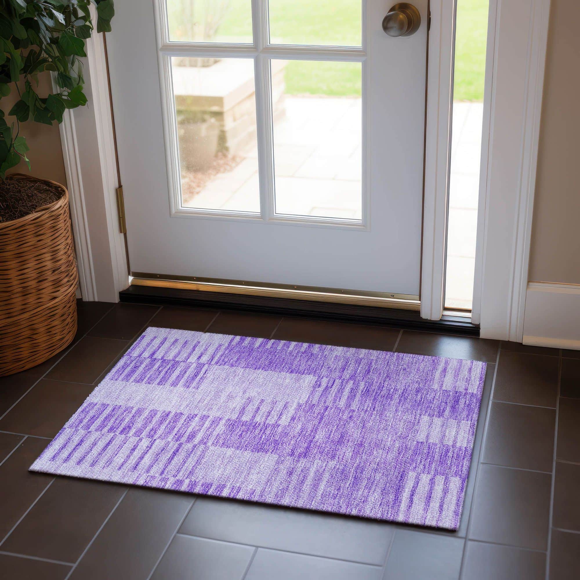 Machine Washable Lavender Purple Rug - Indoor / Outdoor - Kids / Pet Friendly Striped Print Rug