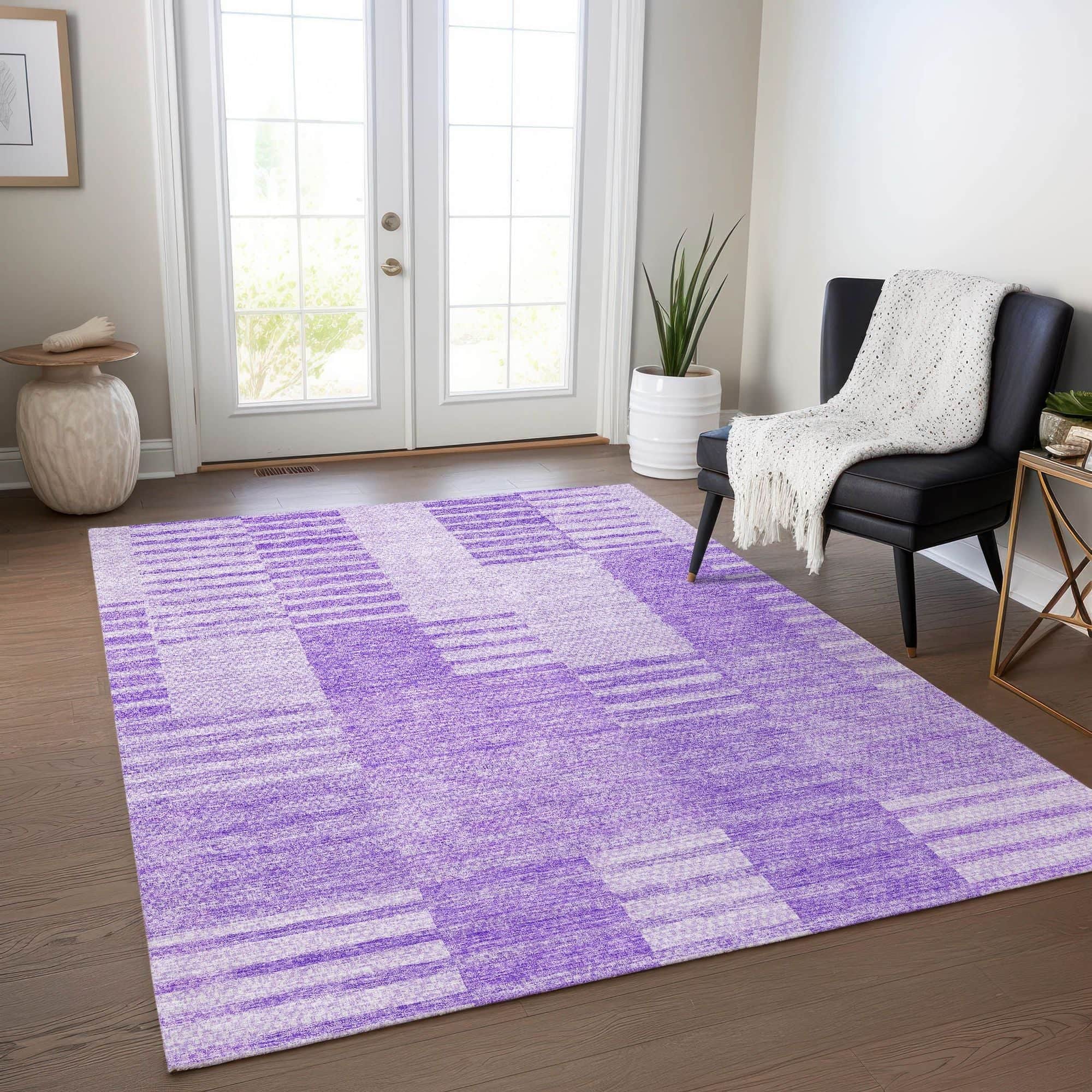 Machine Washable Lavender Purple Rug - Indoor / Outdoor - Kids / Pet Friendly Striped Print Rug