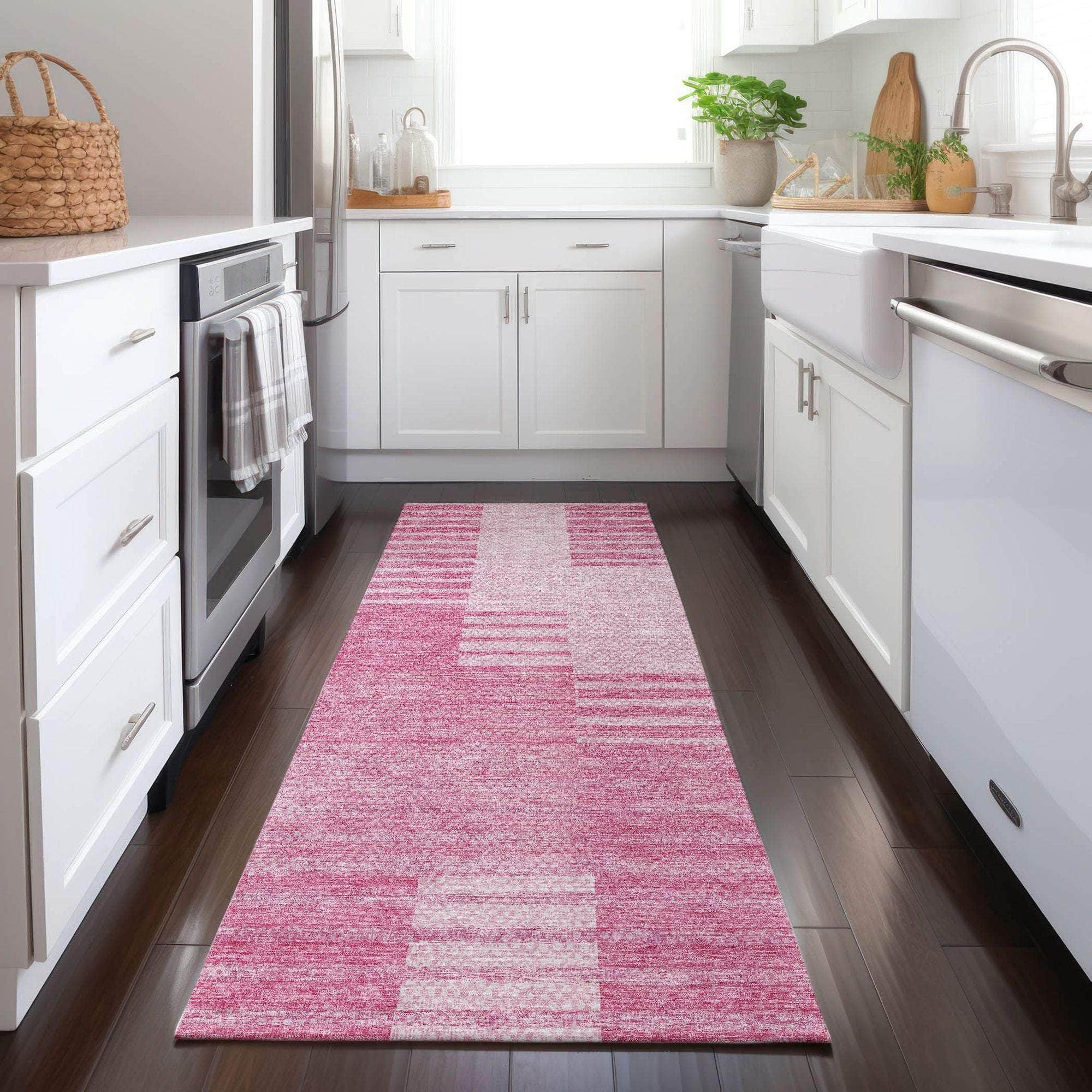 Machine Washable Pink Rug - Indoor / Outdoor - Kids / Pet Friendly Striped Print Rug