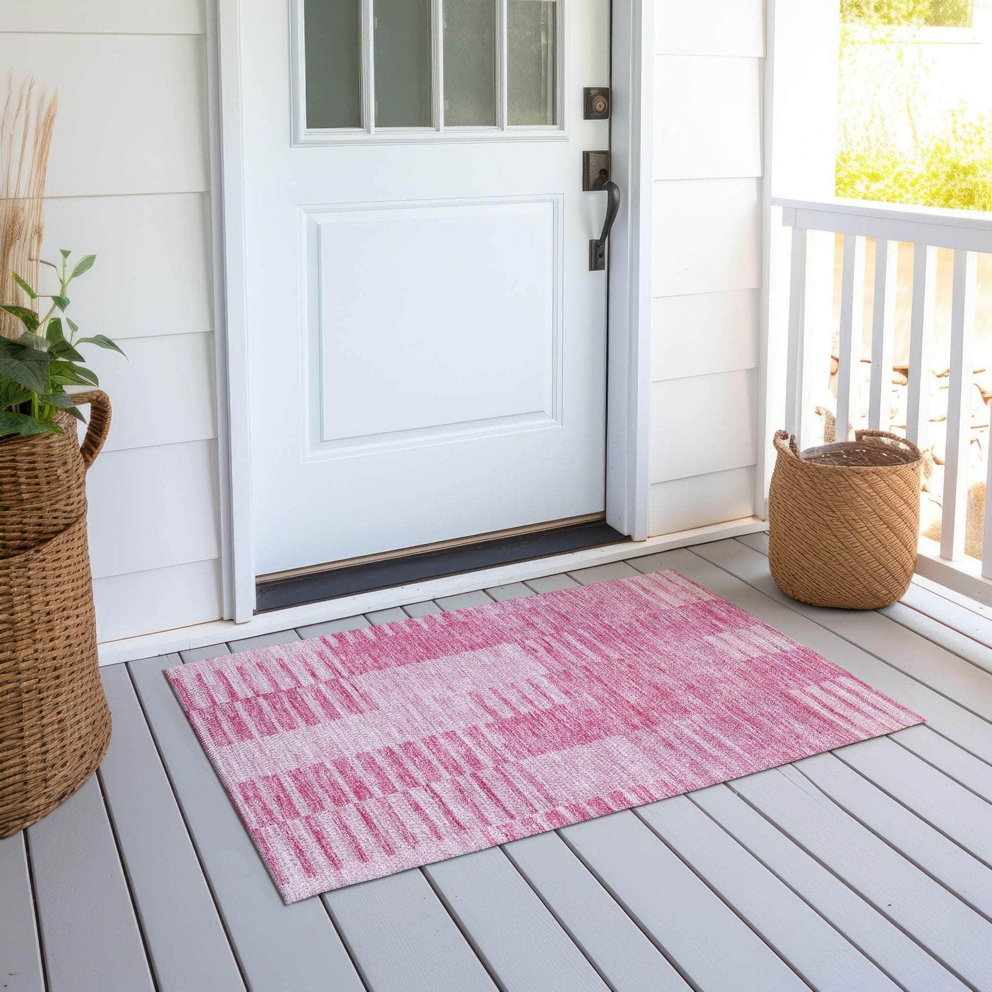 Machine Washable Pink Rug - Indoor / Outdoor - Kids / Pet Friendly Striped Print Rug