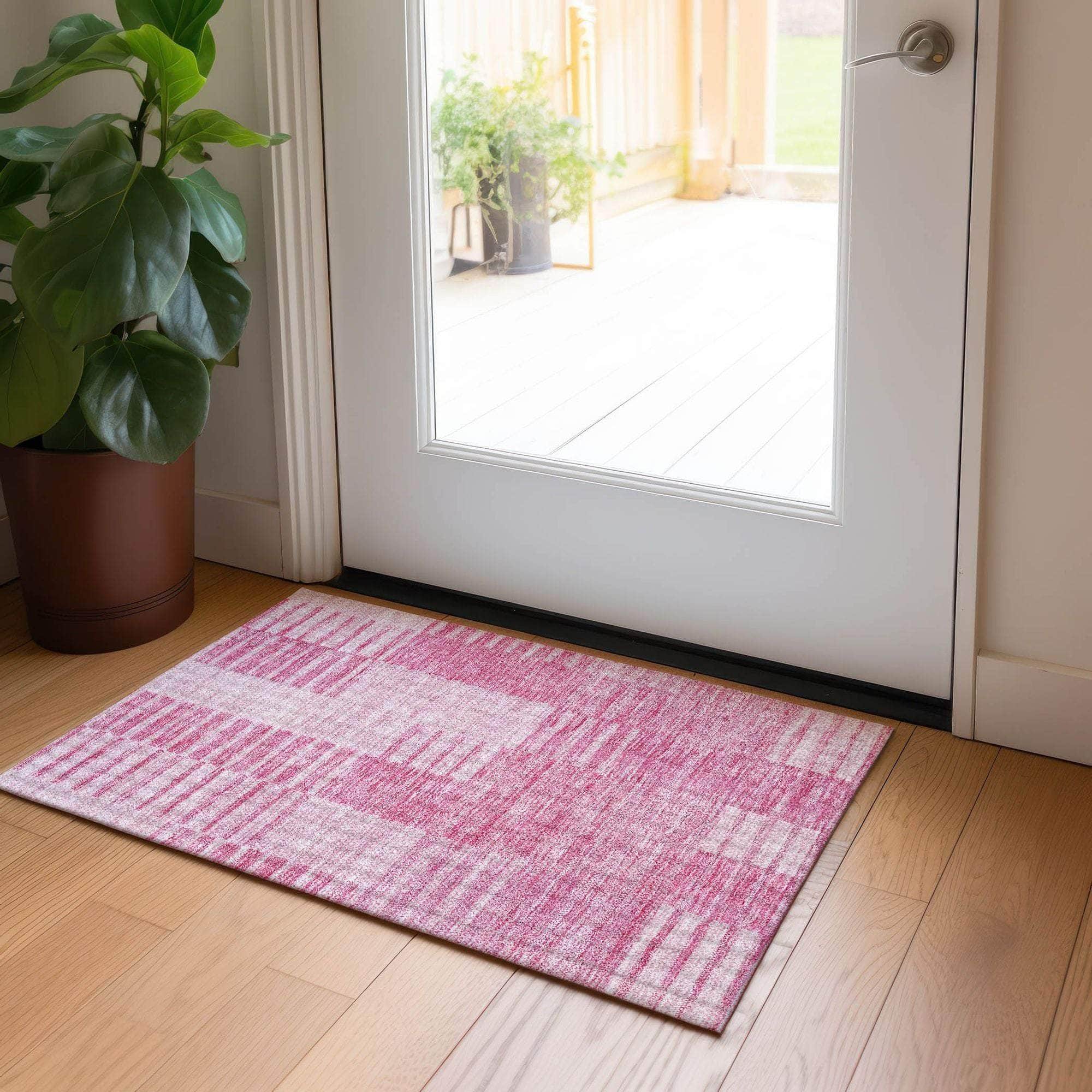 Machine Washable Pink Rug - Indoor / Outdoor - Kids / Pet Friendly Striped Print Rug