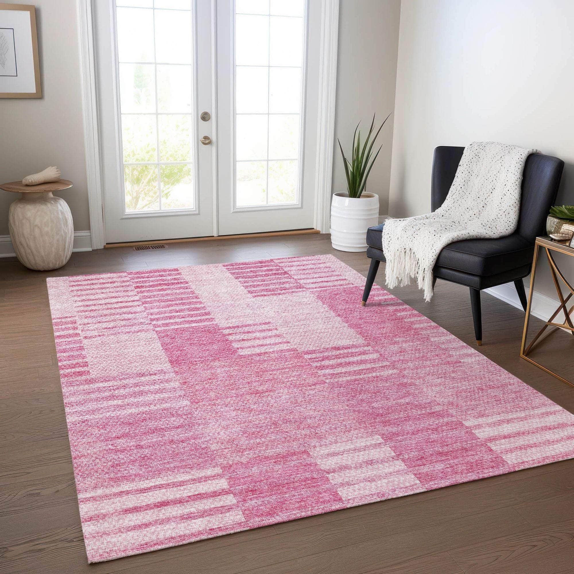 Machine Washable Pink Rug - Indoor / Outdoor - Kids / Pet Friendly Striped Print Rug