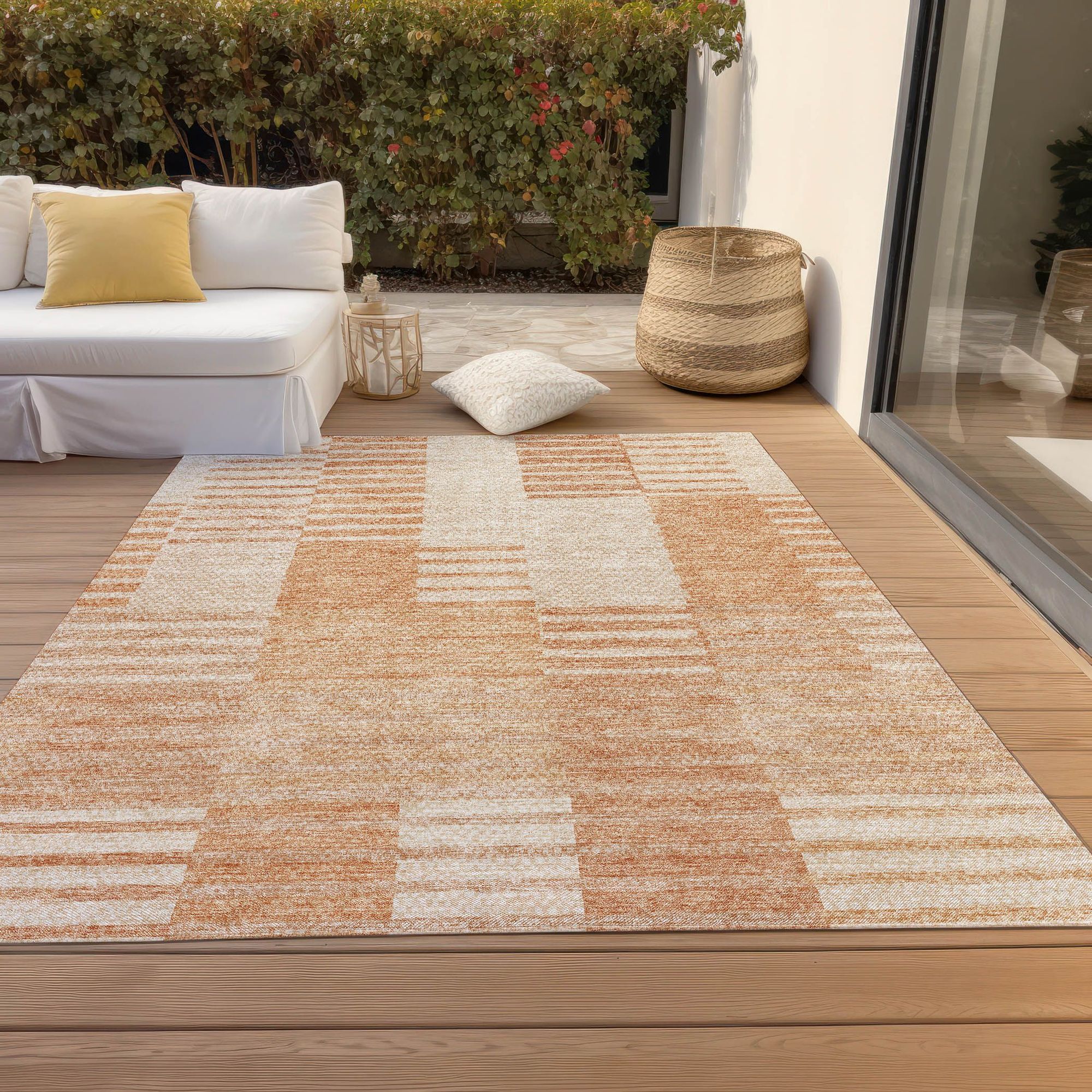Machine Washable Salmon Orange Rug - Indoor / Outdoor - Kids / Pet Friendly Striped Print Rug