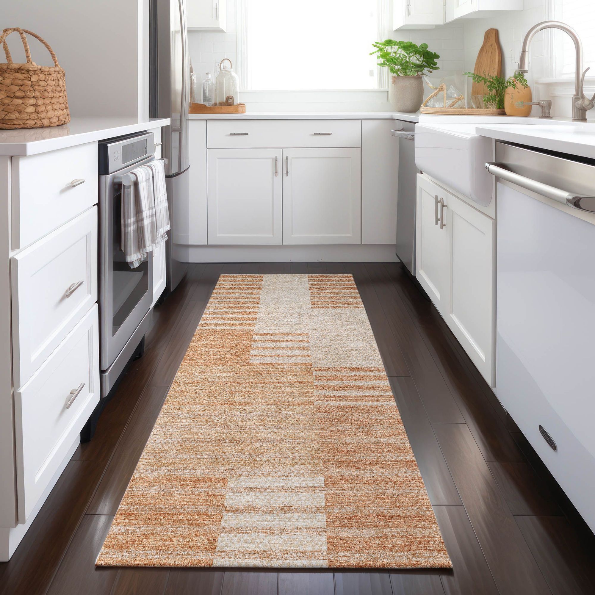 Machine Washable Salmon Orange Rug - Indoor / Outdoor - Kids / Pet Friendly Striped Print Rug