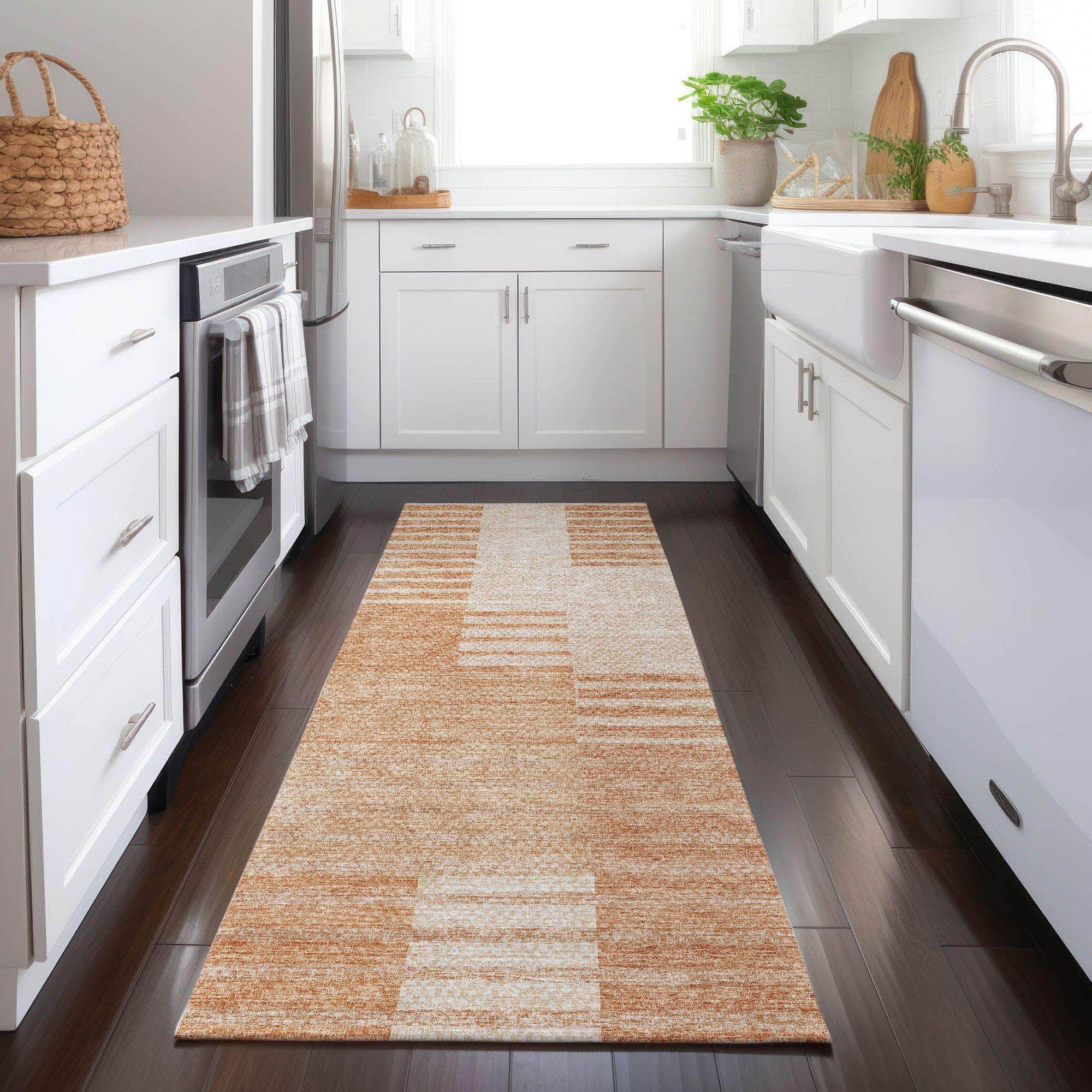 Machine Washable Salmon Orange Rug - Indoor / Outdoor - Kids / Pet Friendly Striped Print Rug