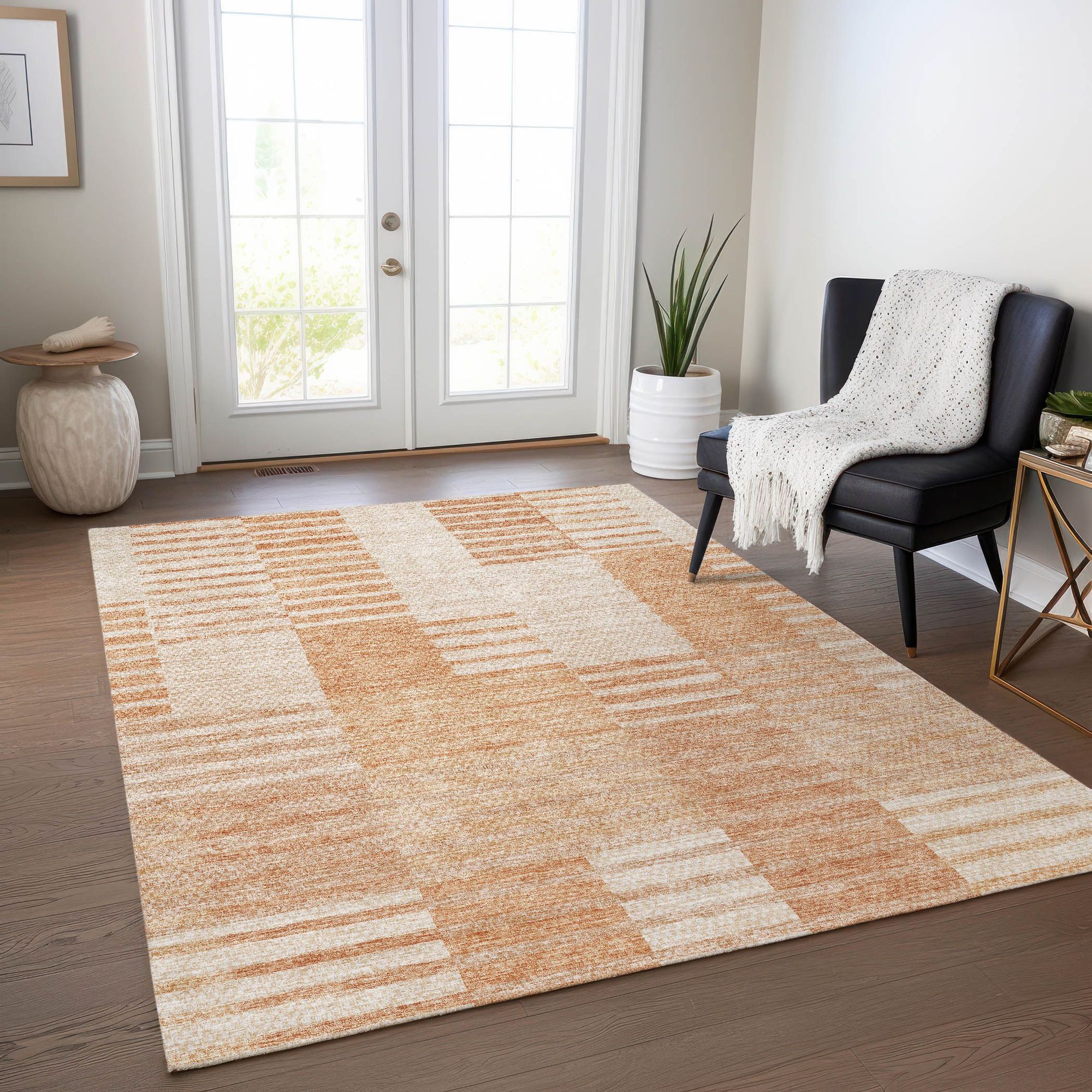 Machine Washable Salmon Orange Rug - Indoor / Outdoor - Kids / Pet Friendly Striped Print Rug