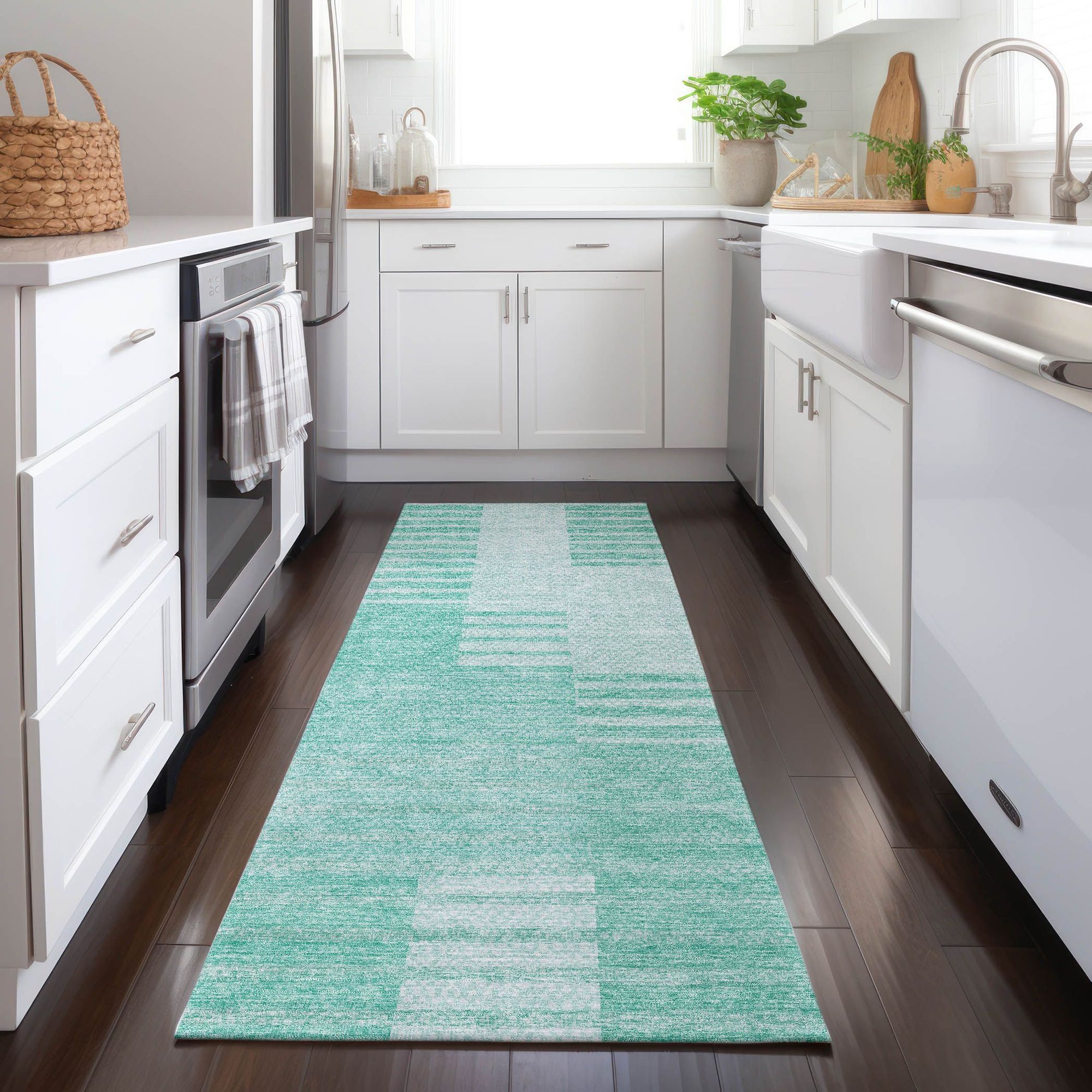 Machine Washable Teal Rug - Indoor / Outdoor - Kids / Pet Friendly Striped Print Rug