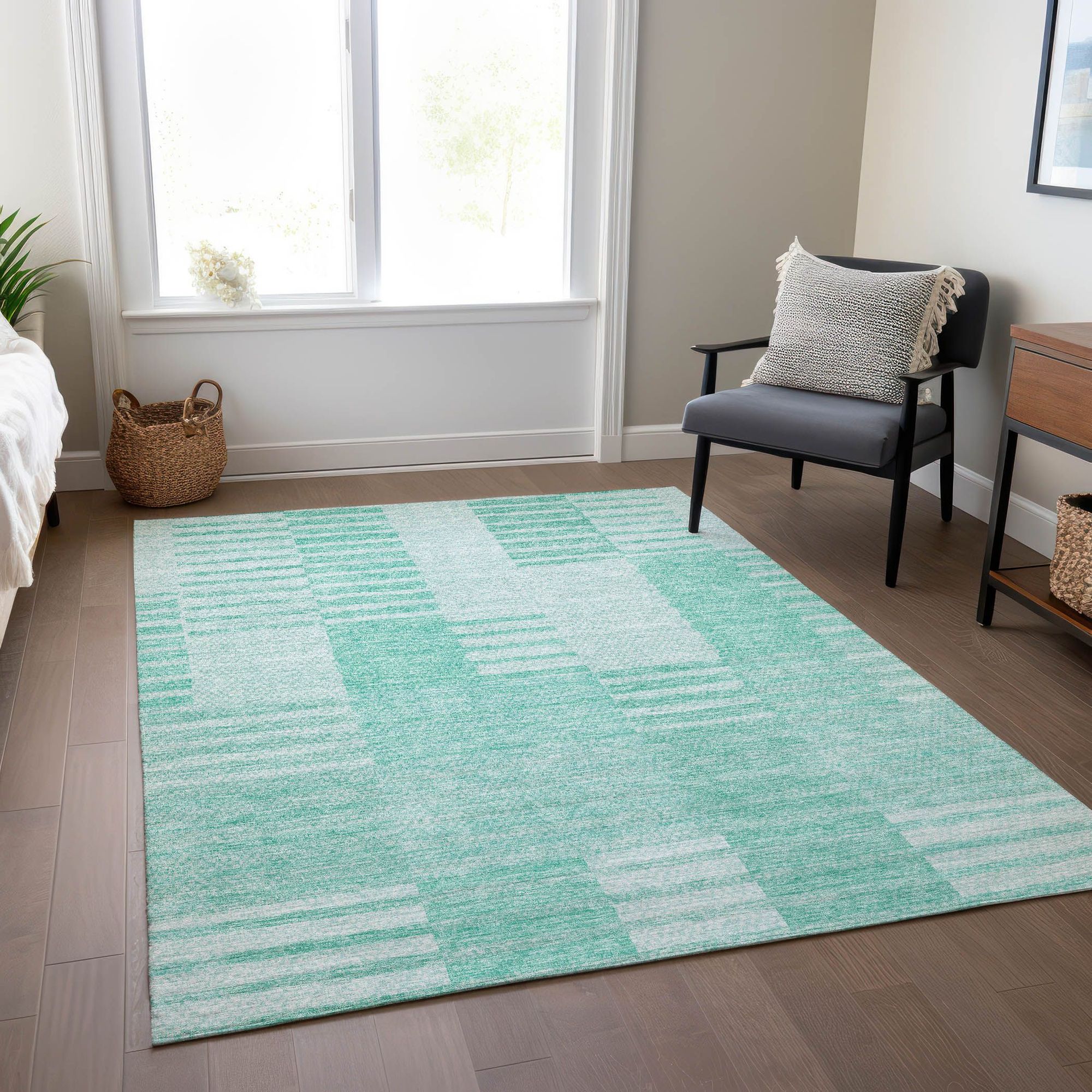 Machine Washable Teal Rug - Indoor / Outdoor - Kids / Pet Friendly Striped Print Rug