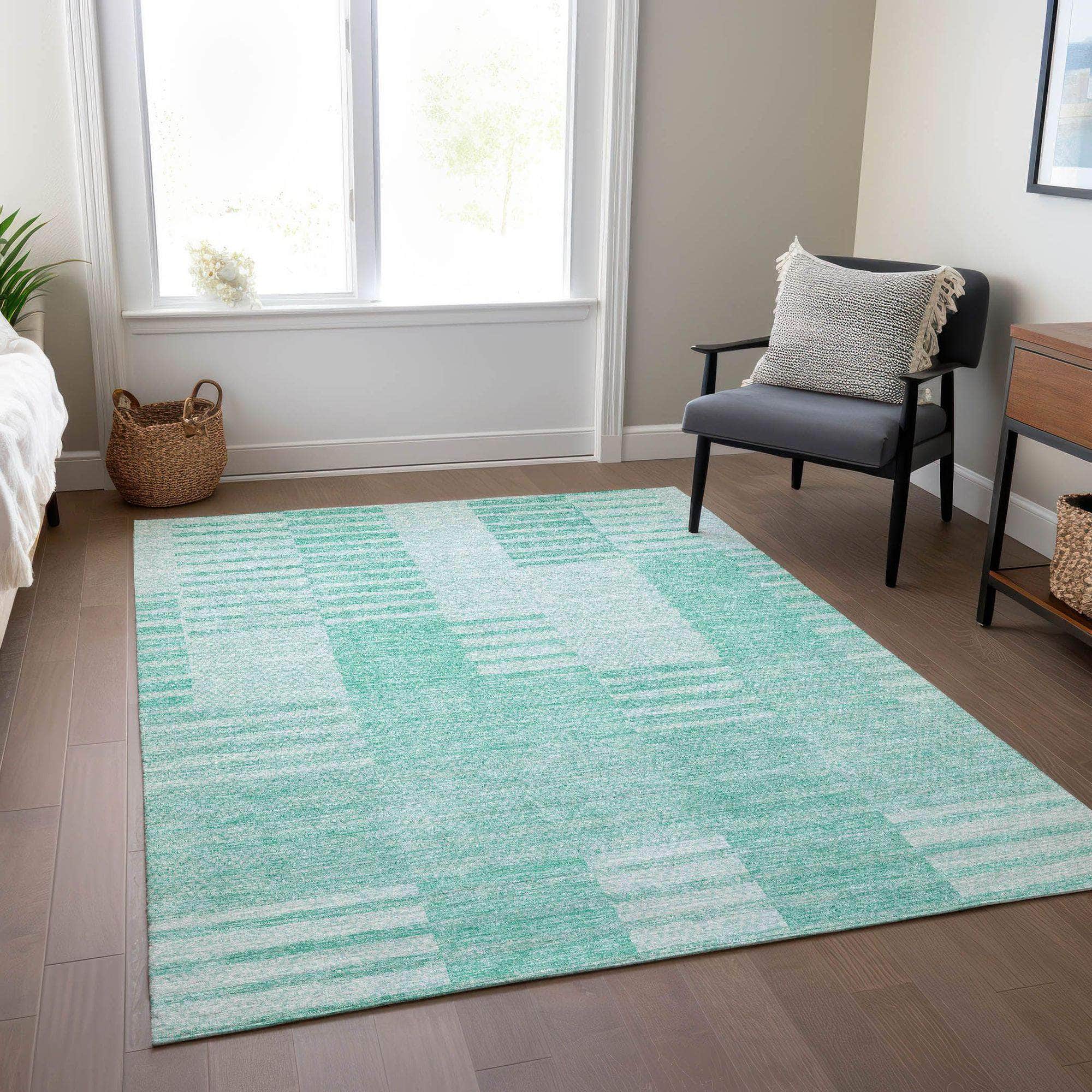 Machine Washable Teal Rug - Indoor / Outdoor - Kids / Pet Friendly Striped Print Rug