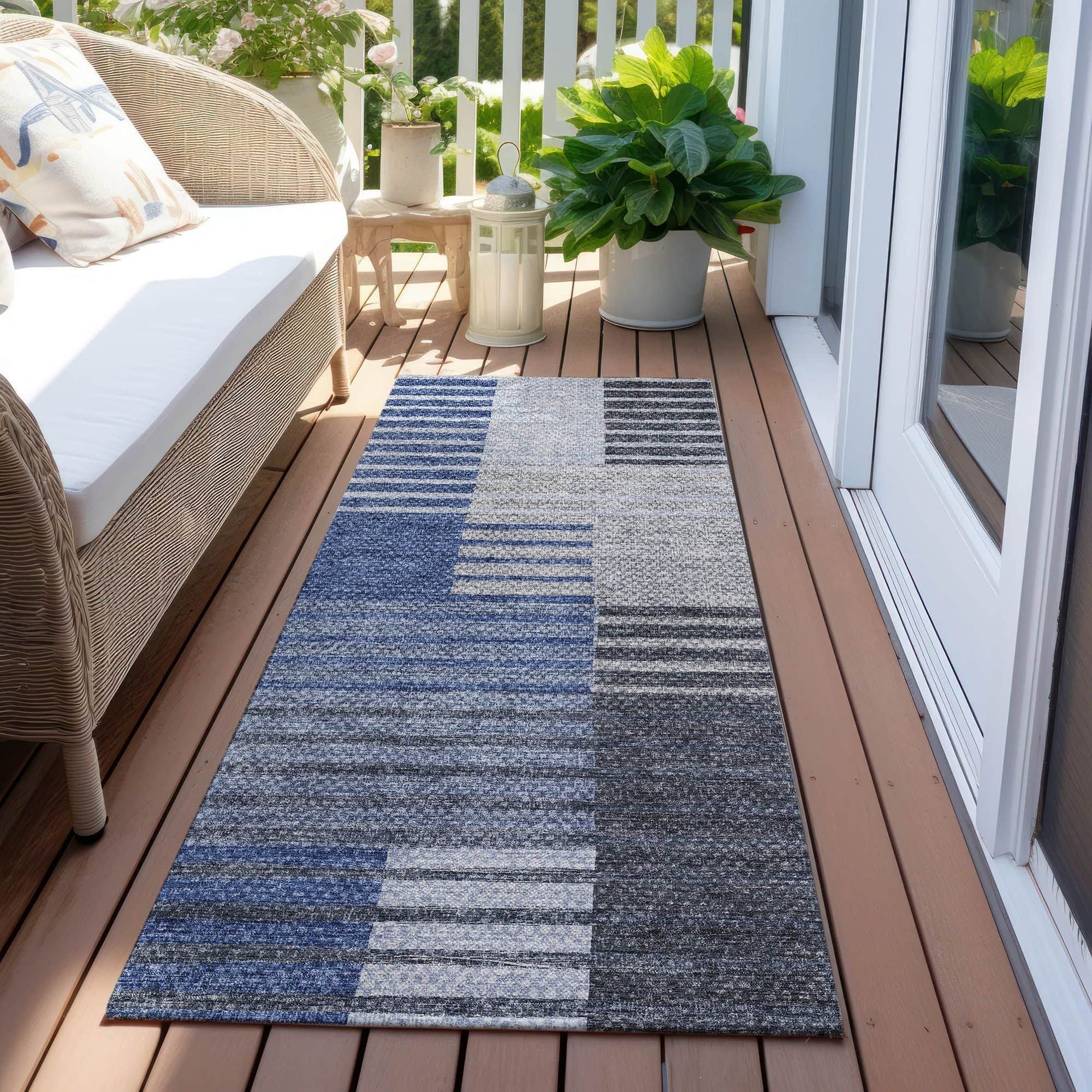 Machine Washable Blue Rug - Indoor / Outdoor - Kids / Pet Friendly Striped Print Rug