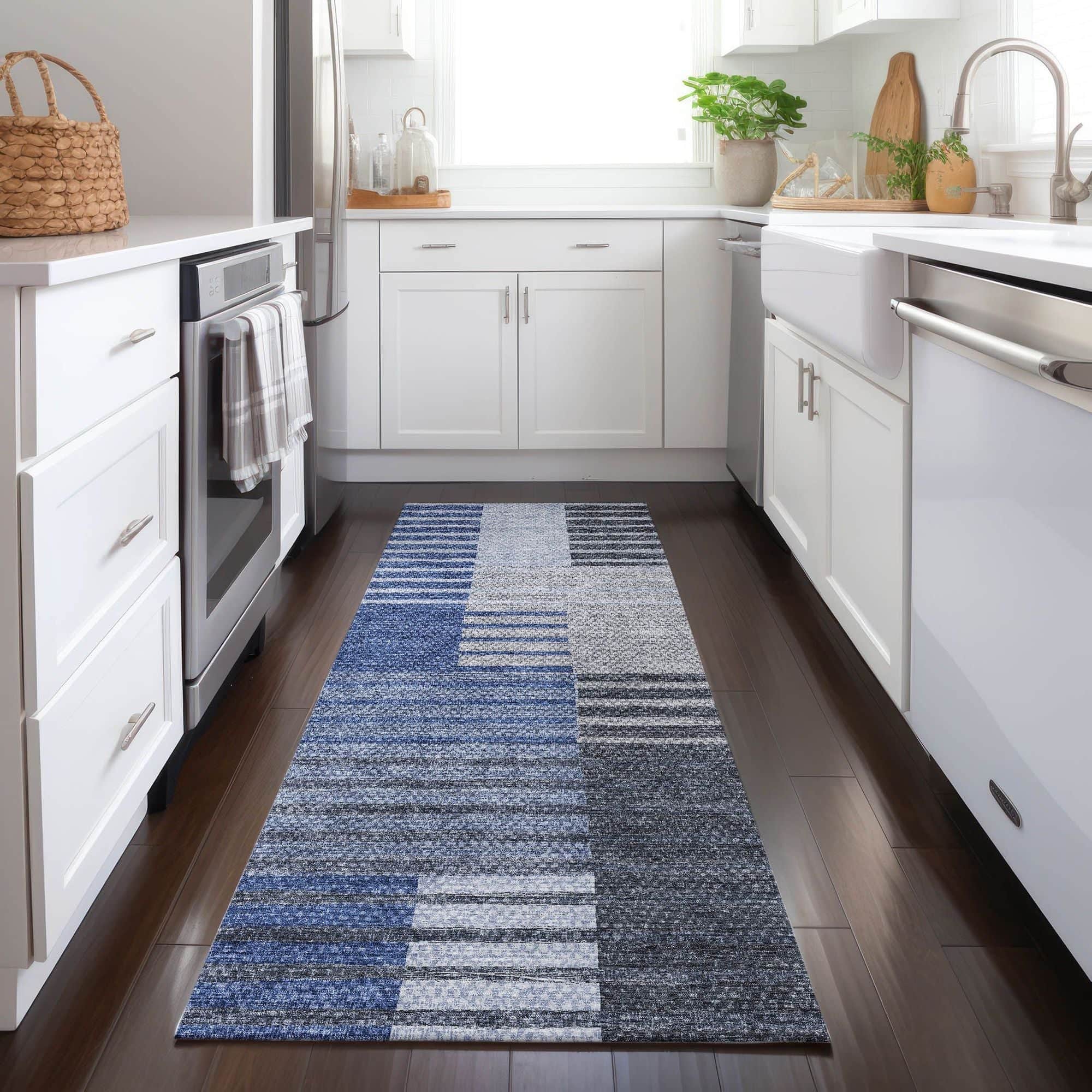 Machine Washable Blue Rug - Indoor / Outdoor - Kids / Pet Friendly Striped Print Rug