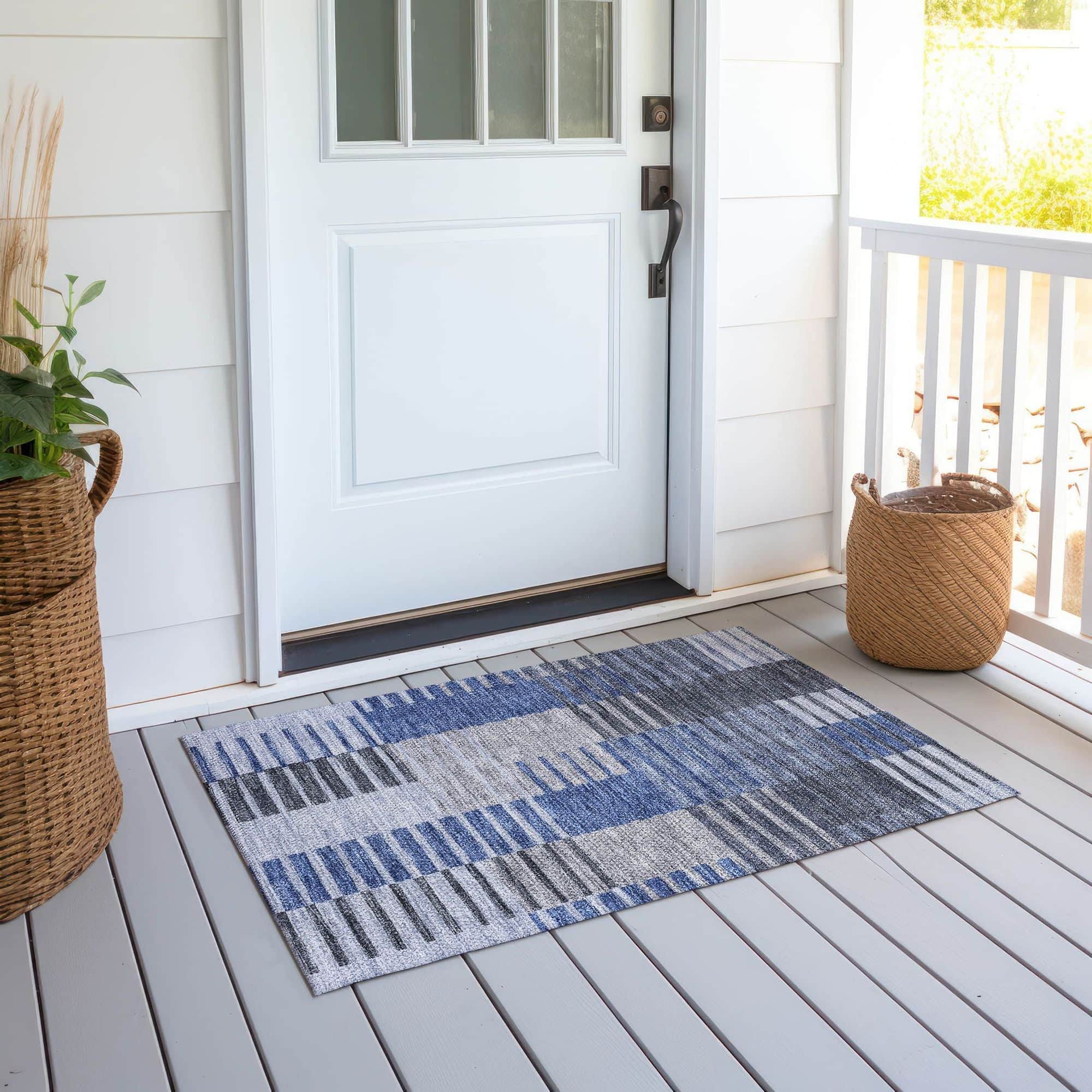 Machine Washable Blue Rug - Indoor / Outdoor - Kids / Pet Friendly Striped Print Rug