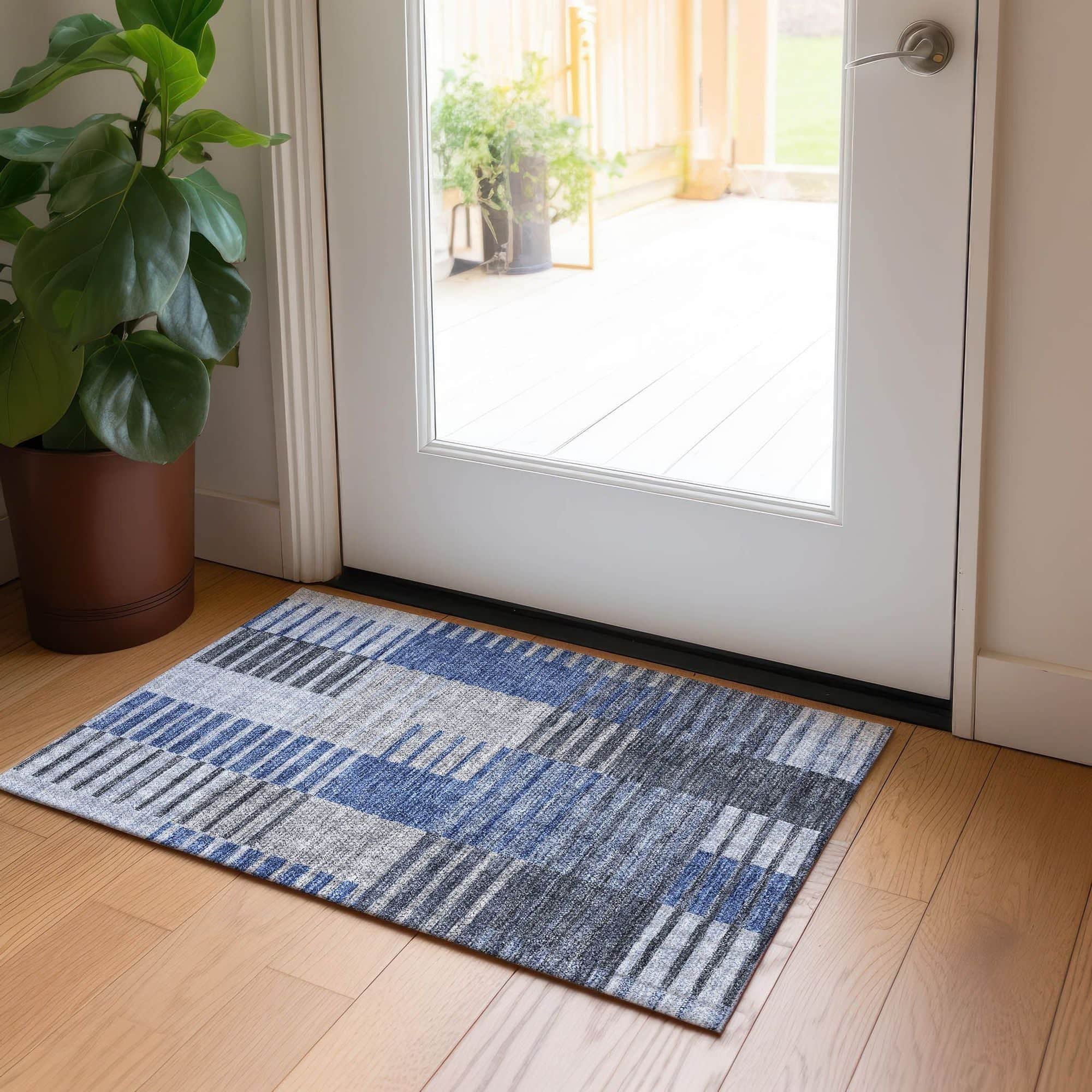 Machine Washable Blue Rug - Indoor / Outdoor - Kids / Pet Friendly Striped Print Rug