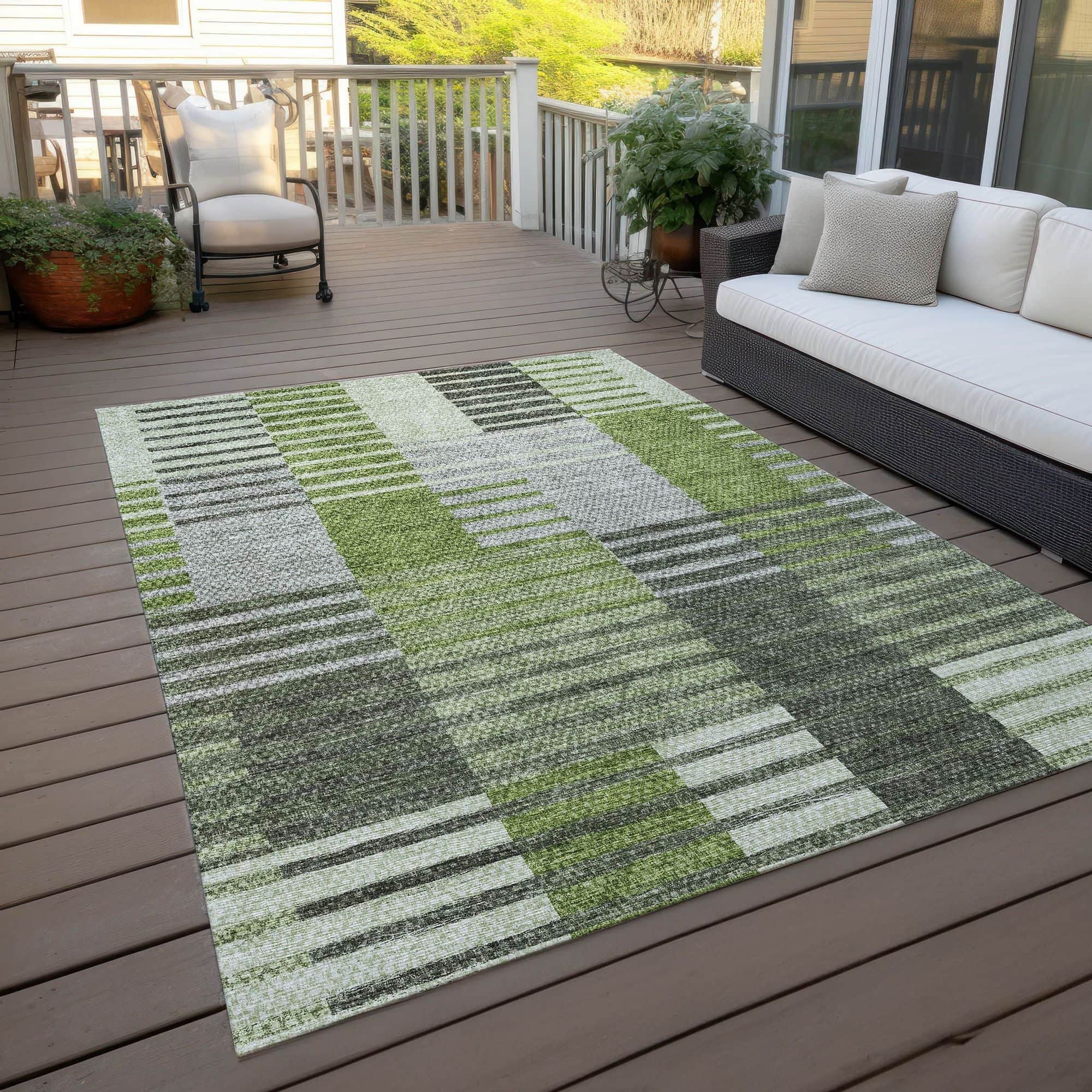 Machine Washable Green Rug - Indoor / Outdoor - Kids / Pet Friendly Striped Print Rug