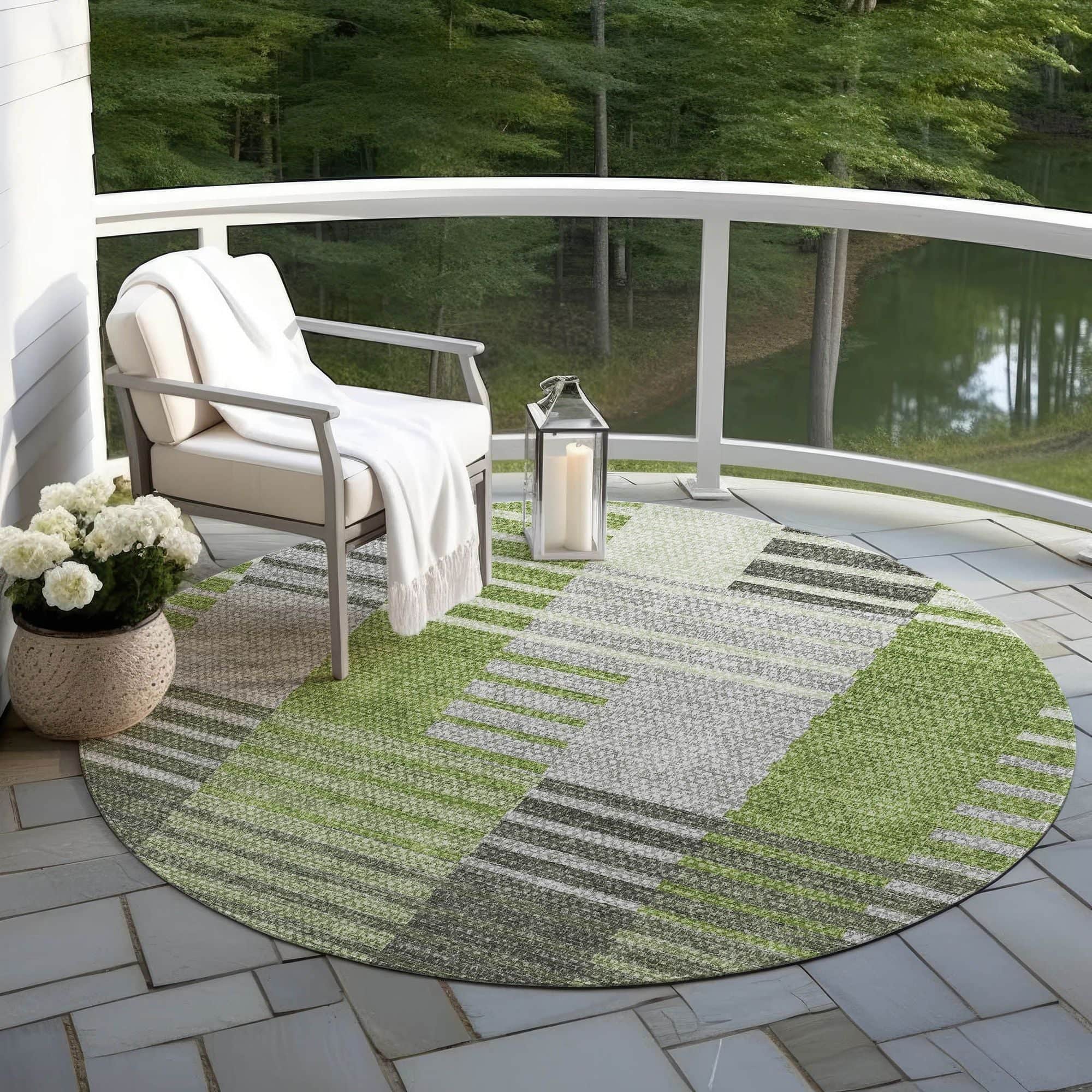Machine Washable Green Rug - Indoor / Outdoor - Kids / Pet Friendly Striped Print Rug