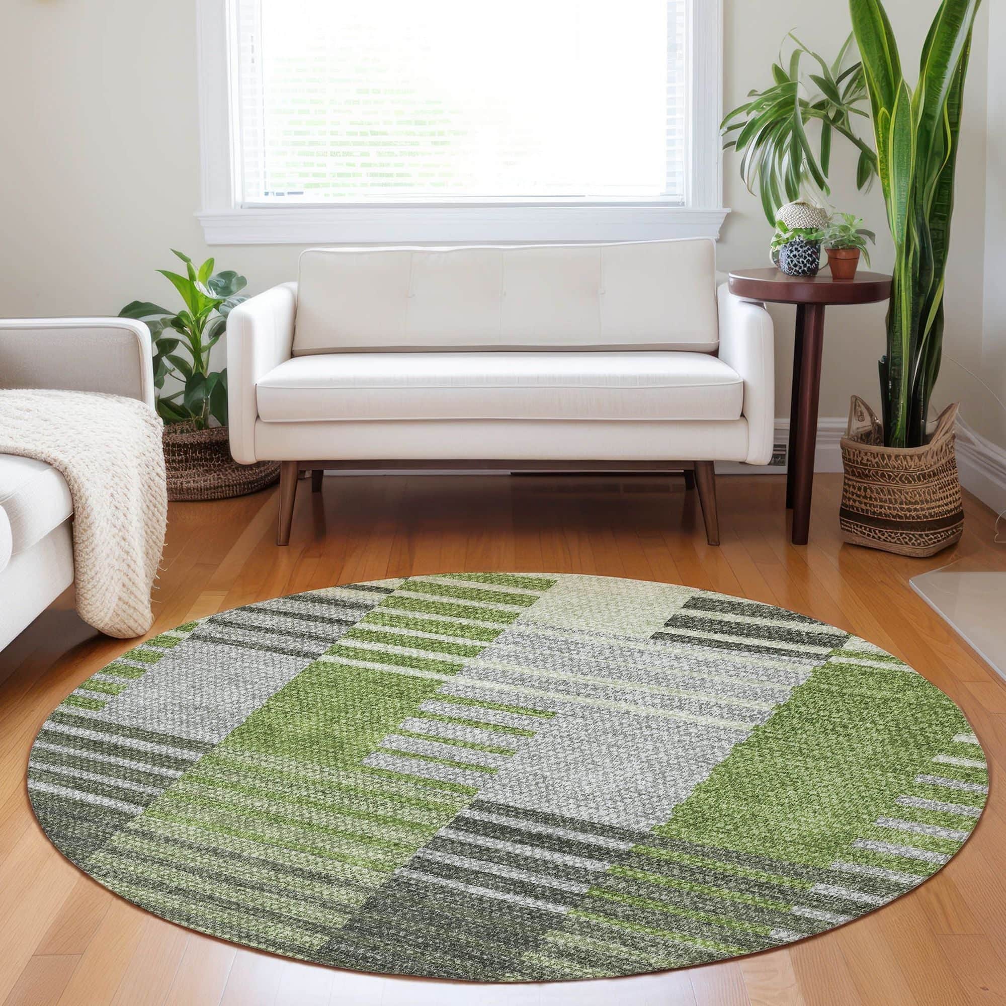 Machine Washable Green Rug - Indoor / Outdoor - Kids / Pet Friendly Striped Print Rug