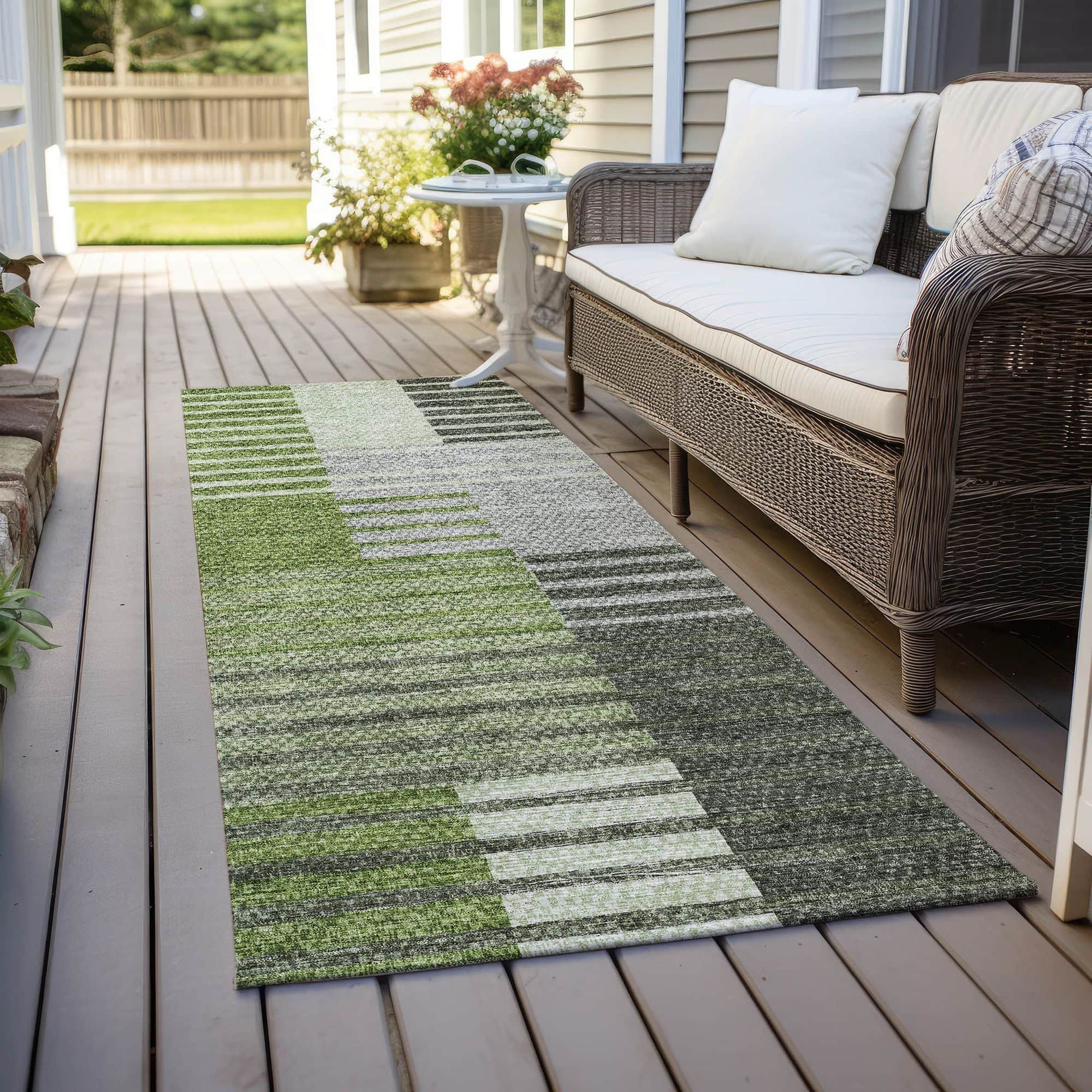Machine Washable Green Rug - Indoor / Outdoor - Kids / Pet Friendly Striped Print Rug