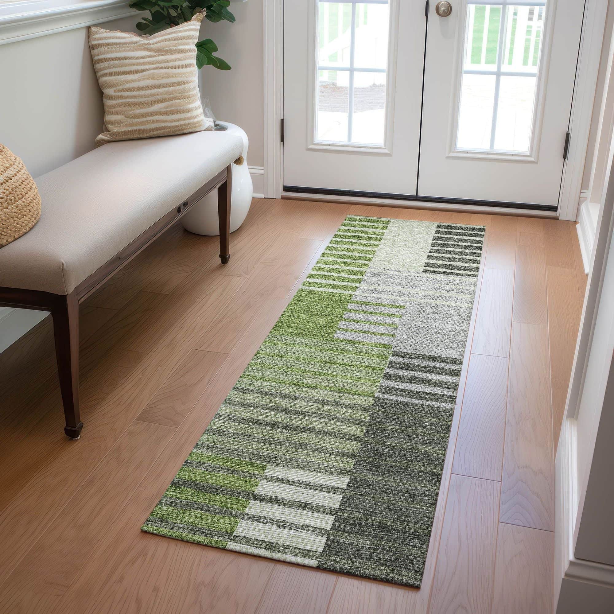 Machine Washable Green Rug - Indoor / Outdoor - Kids / Pet Friendly Striped Print Rug