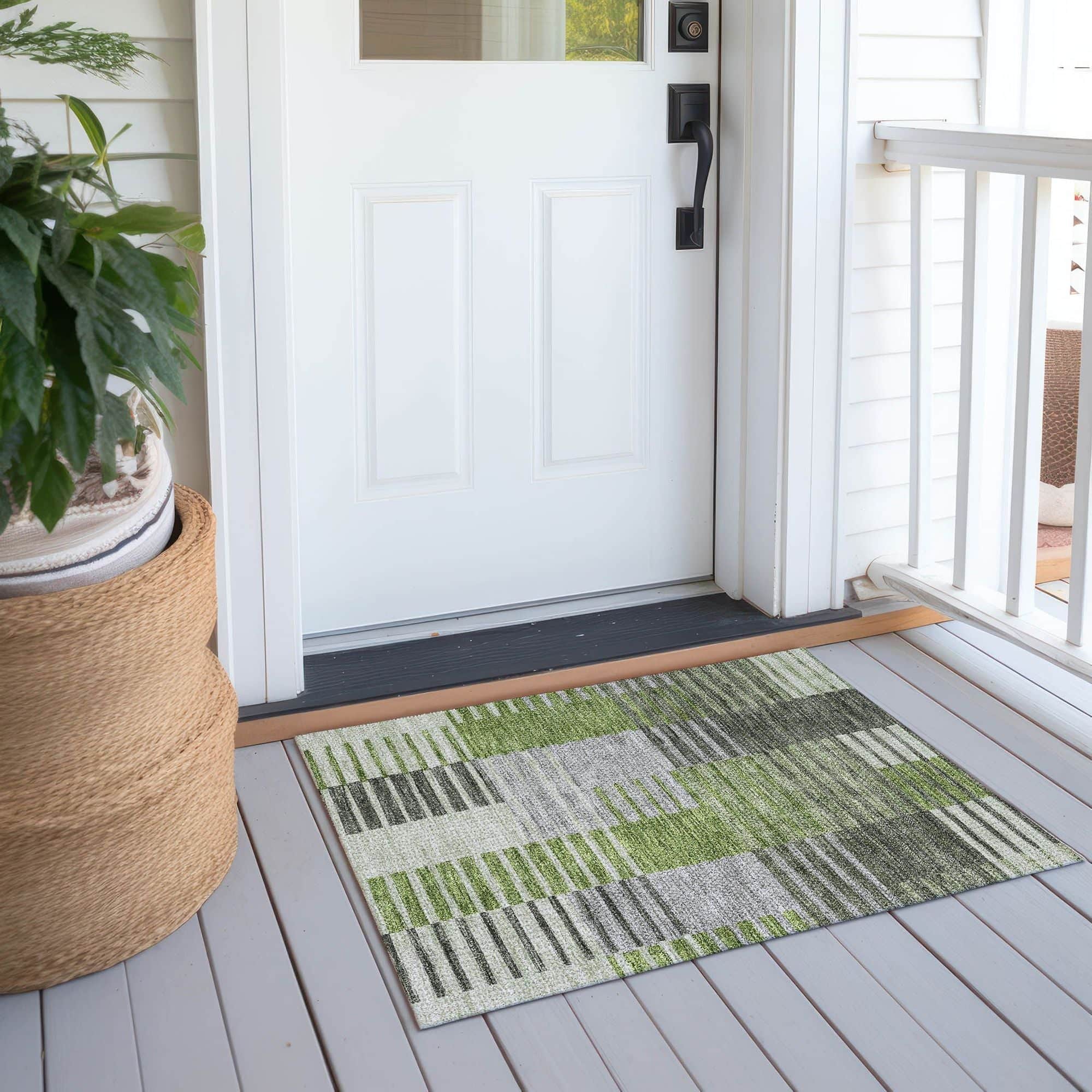 Machine Washable Green Rug - Indoor / Outdoor - Kids / Pet Friendly Striped Print Rug