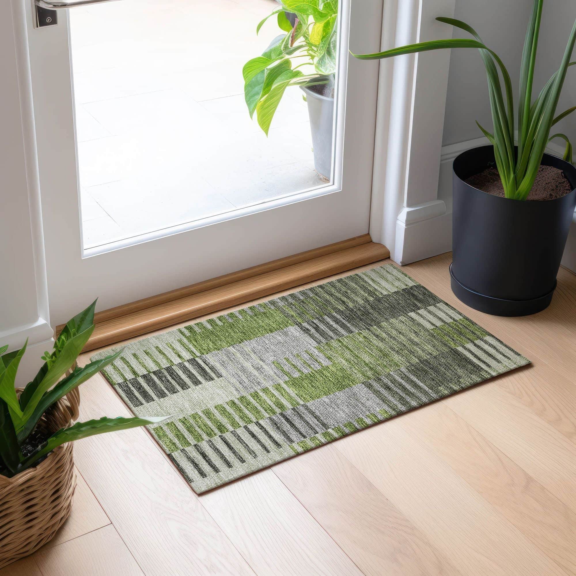 Machine Washable Green Rug - Indoor / Outdoor - Kids / Pet Friendly Striped Print Rug