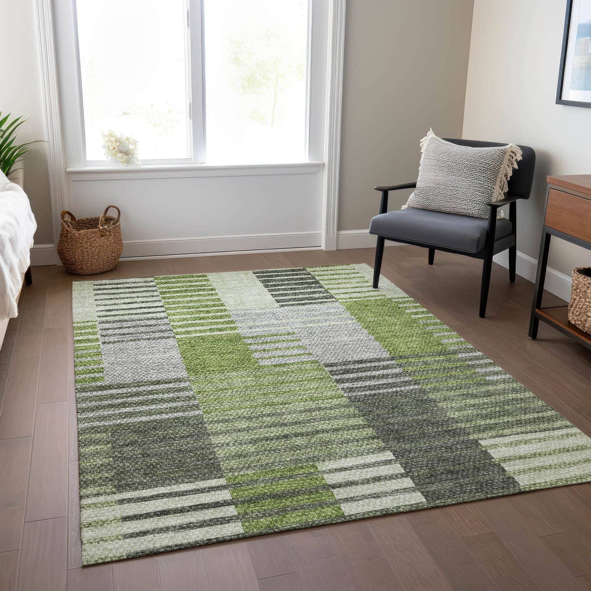 Machine Washable Green Rug - Indoor / Outdoor - Kids / Pet Friendly Striped Print Rug