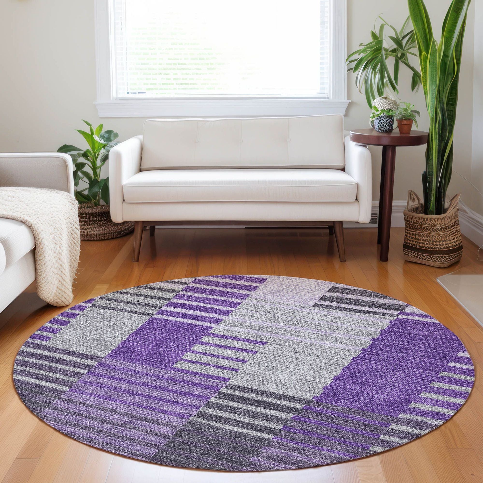 Machine Washable Purple Rug - Indoor / Outdoor - Kids / Pet Friendly Striped Print Rug