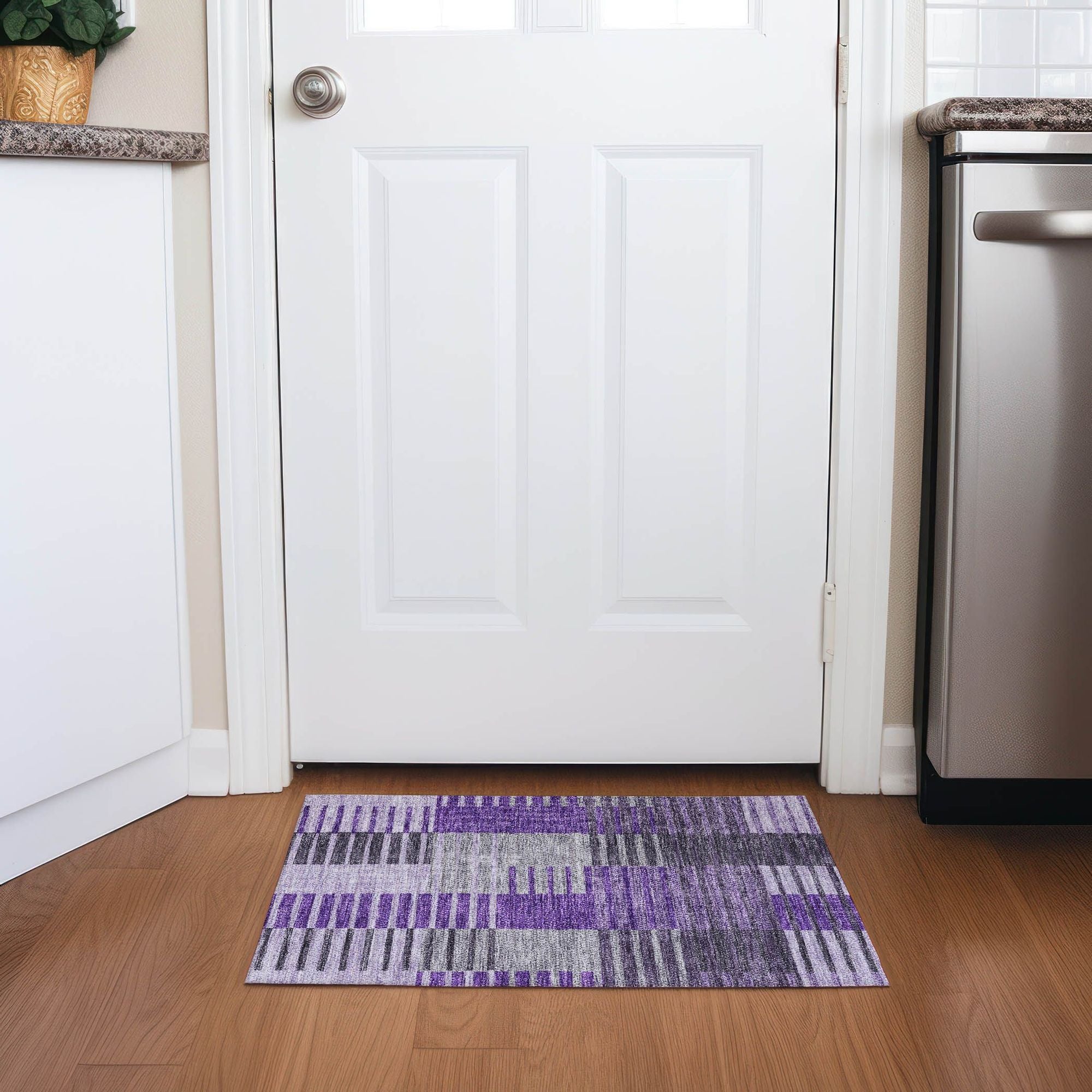 Machine Washable Purple Rug - Indoor / Outdoor - Kids / Pet Friendly Striped Print Rug