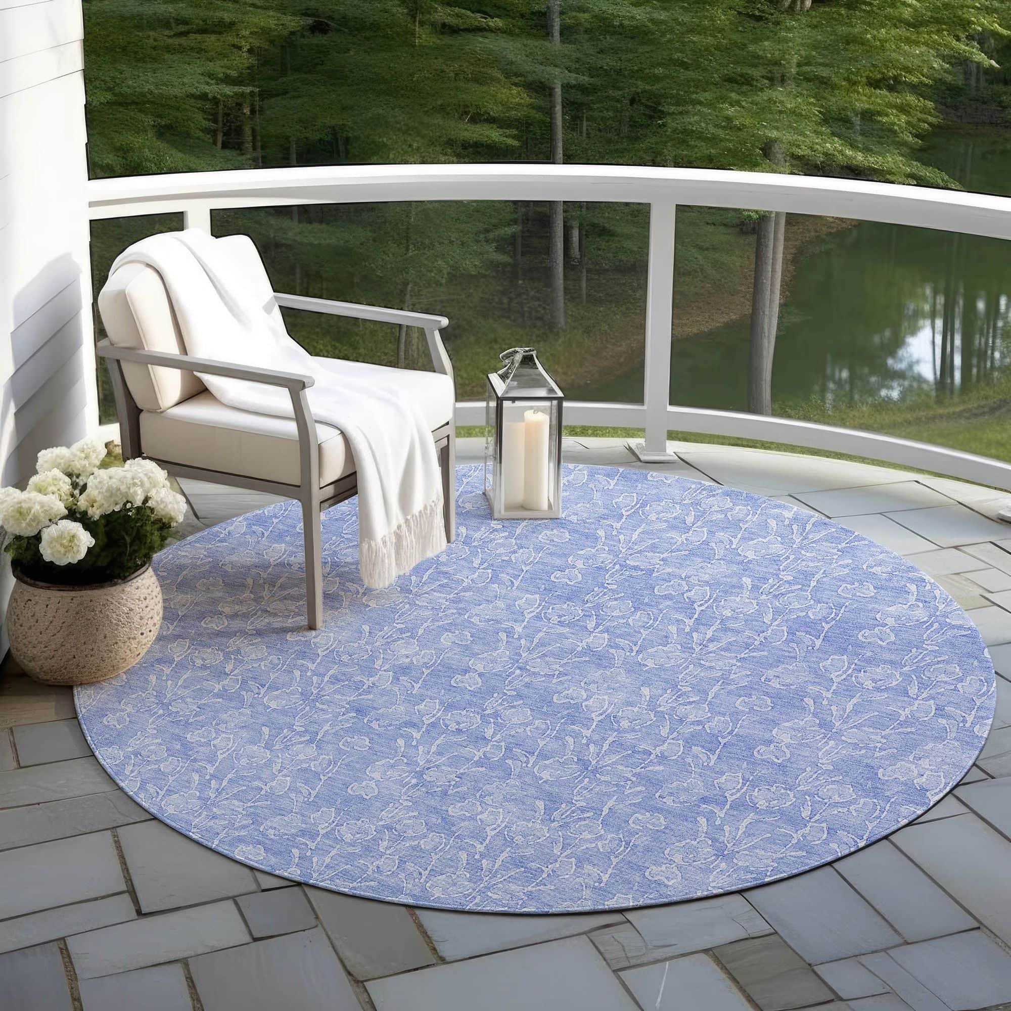 Machine Washable Denim Blue Rug - Indoor / Outdoor - Kids / Pet Friendly Floral Print Rug