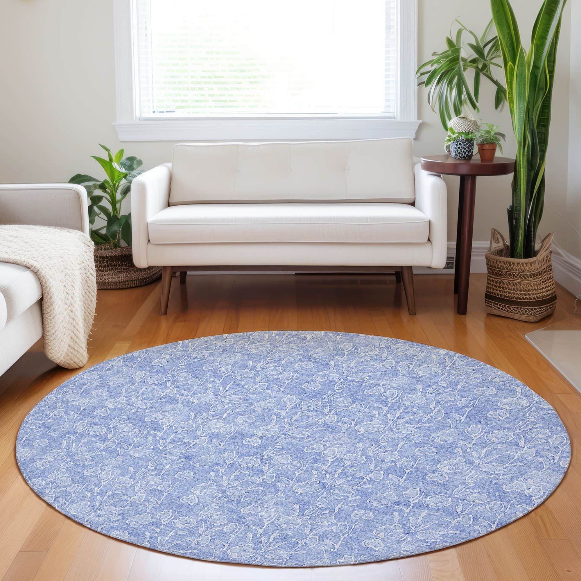 Machine Washable Denim Blue Rug - Indoor / Outdoor - Kids / Pet Friendly Floral Print Rug