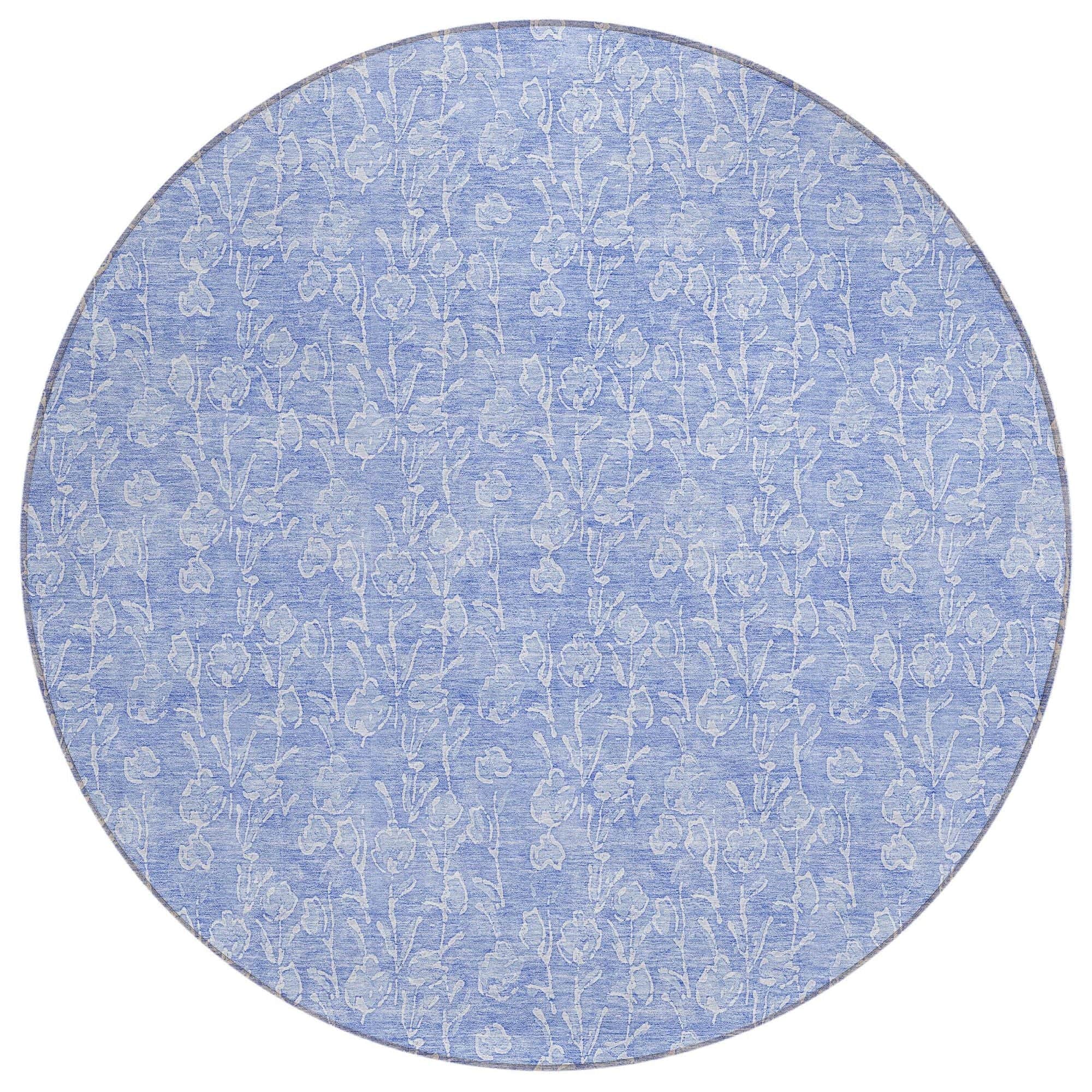 Machine Washable Denim Blue Rug - Indoor / Outdoor - Kids / Pet Friendly Floral Print Rug