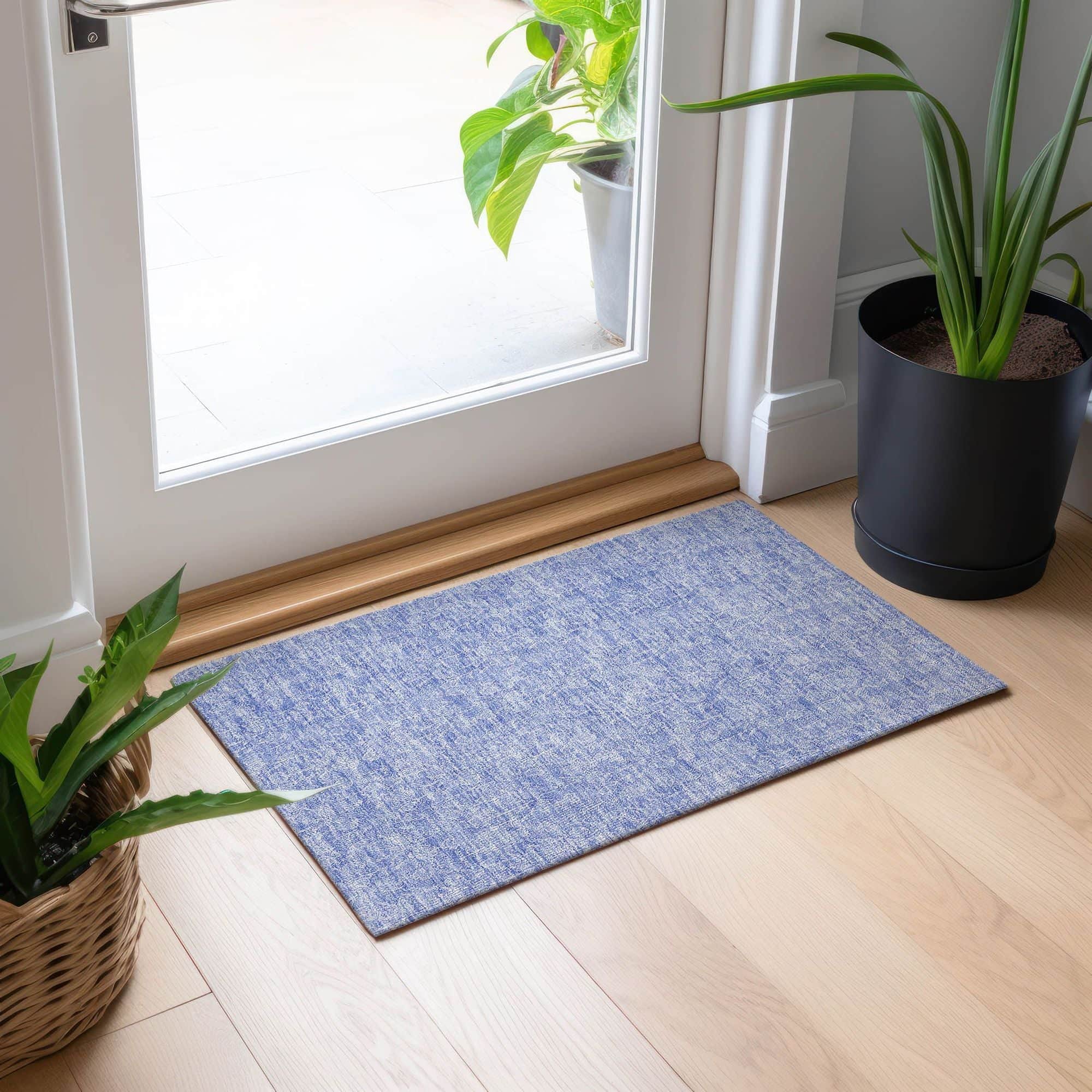 Machine Washable Denim Blue Rug - Indoor / Outdoor - Kids / Pet Friendly Floral Print Rug