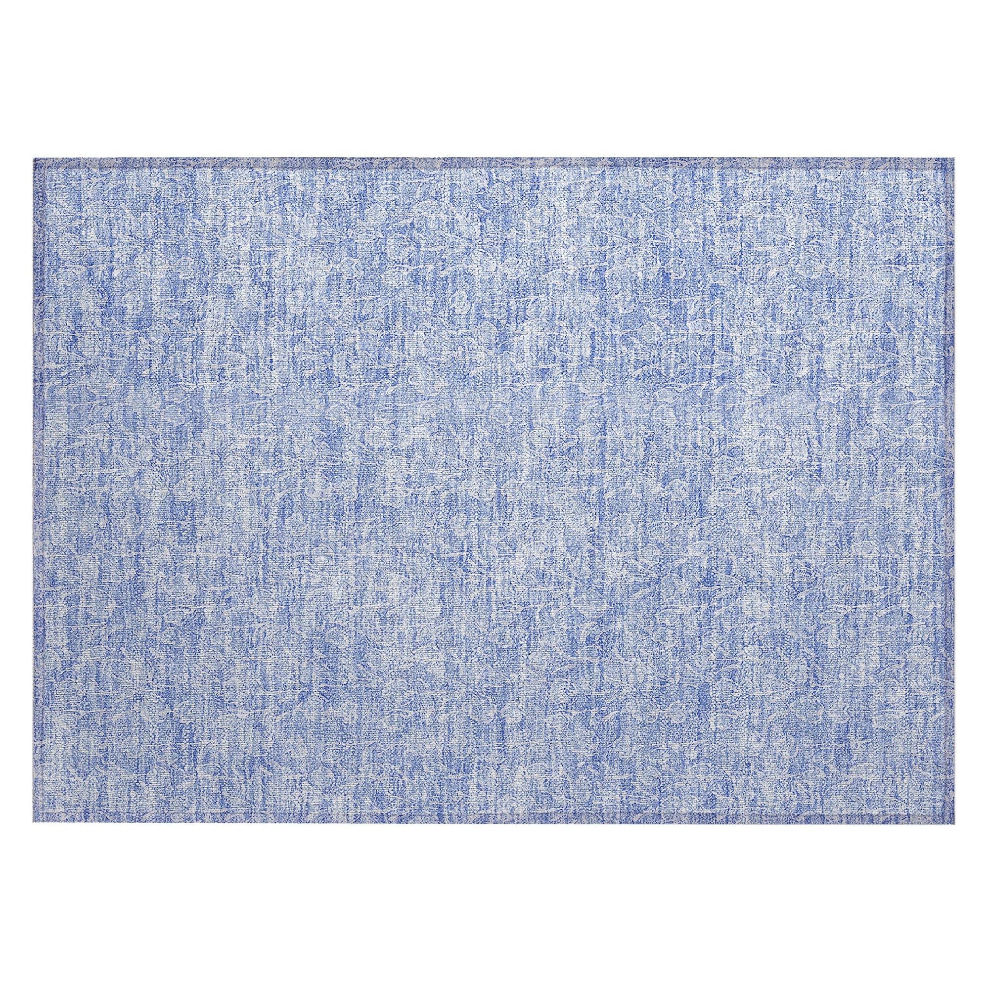 Machine Washable Denim Blue Rug - Indoor / Outdoor - Kids / Pet Friendly Floral Print Rug