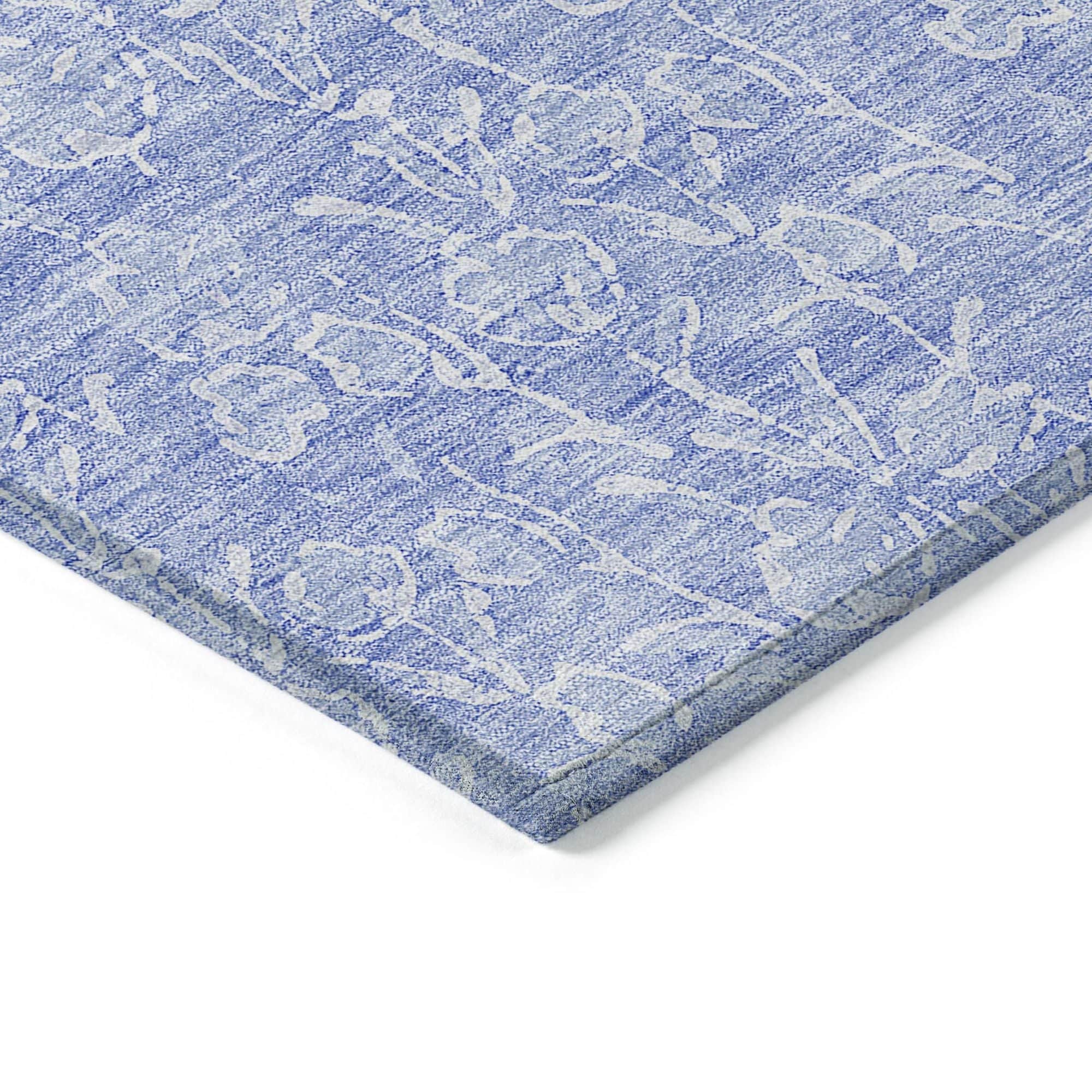 Machine Washable Denim Blue Rug - Indoor / Outdoor - Kids / Pet Friendly Floral Print Rug