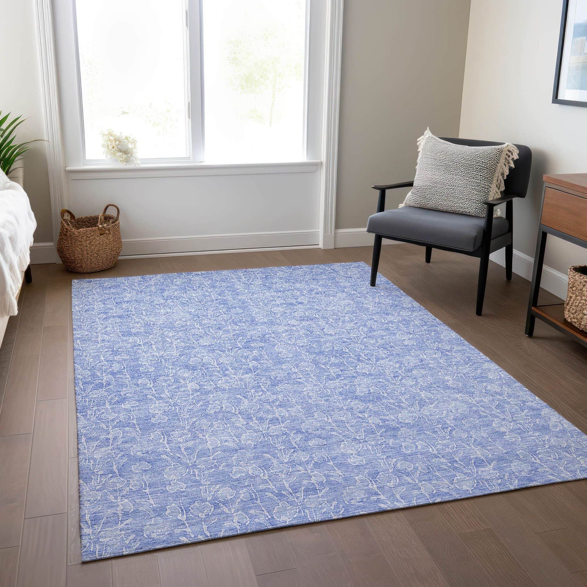 Machine Washable Denim Blue Rug - Indoor / Outdoor - Kids / Pet Friendly Floral Print Rug