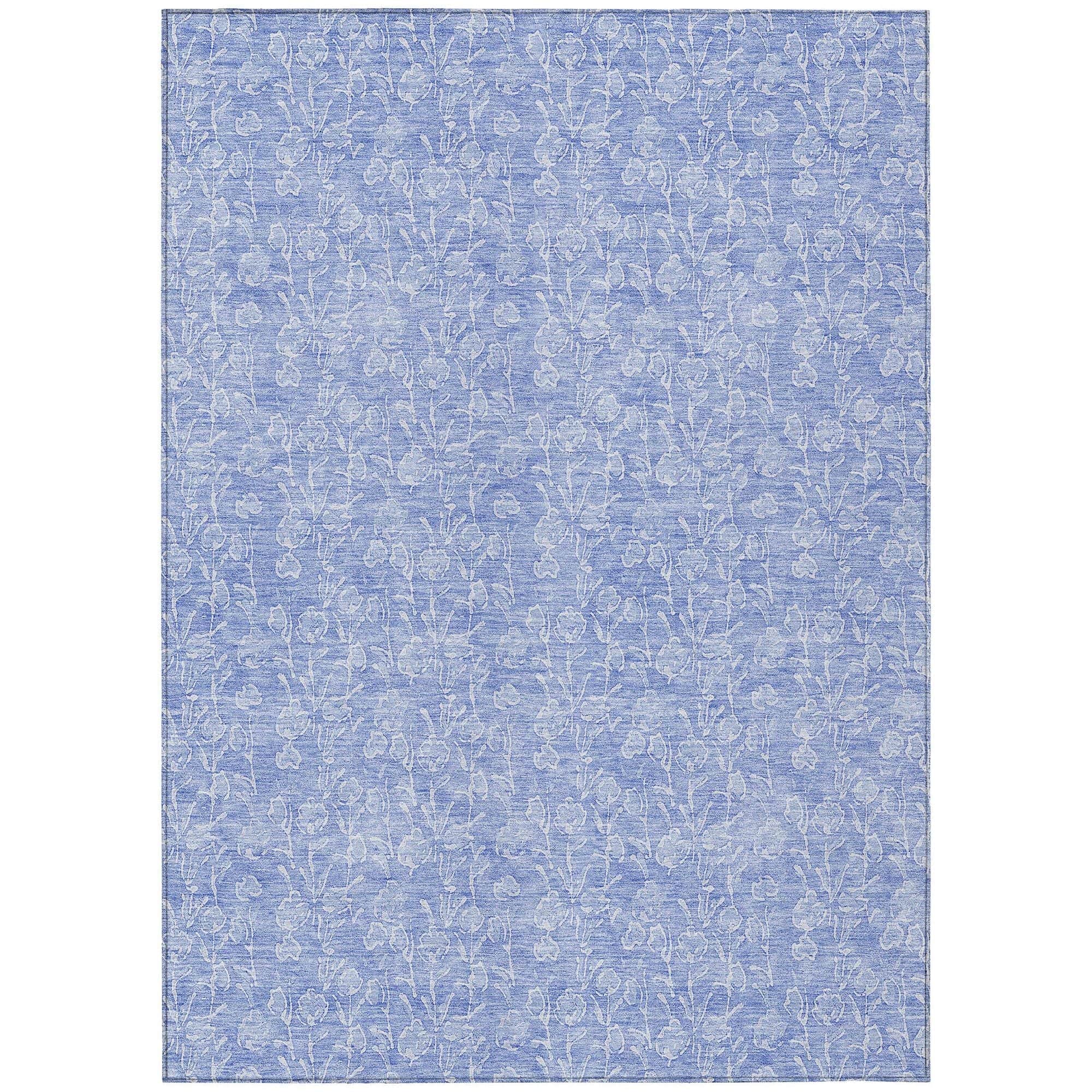 Machine Washable Denim Blue Rug - Indoor / Outdoor - Kids / Pet Friendly Floral Print Rug