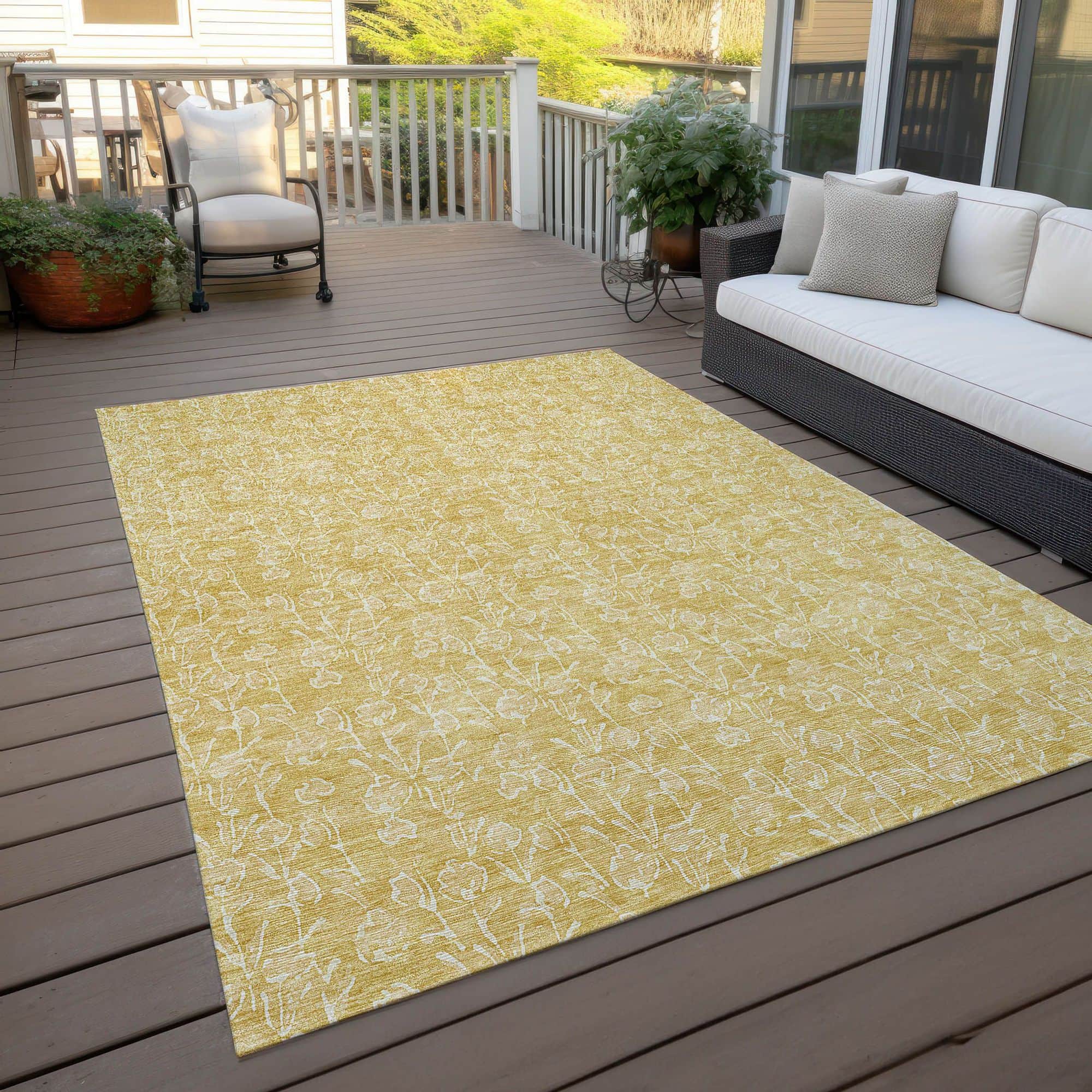 Machine Washable Gold Rug - Indoor / Outdoor - Kids / Pet Friendly Floral Print Rug